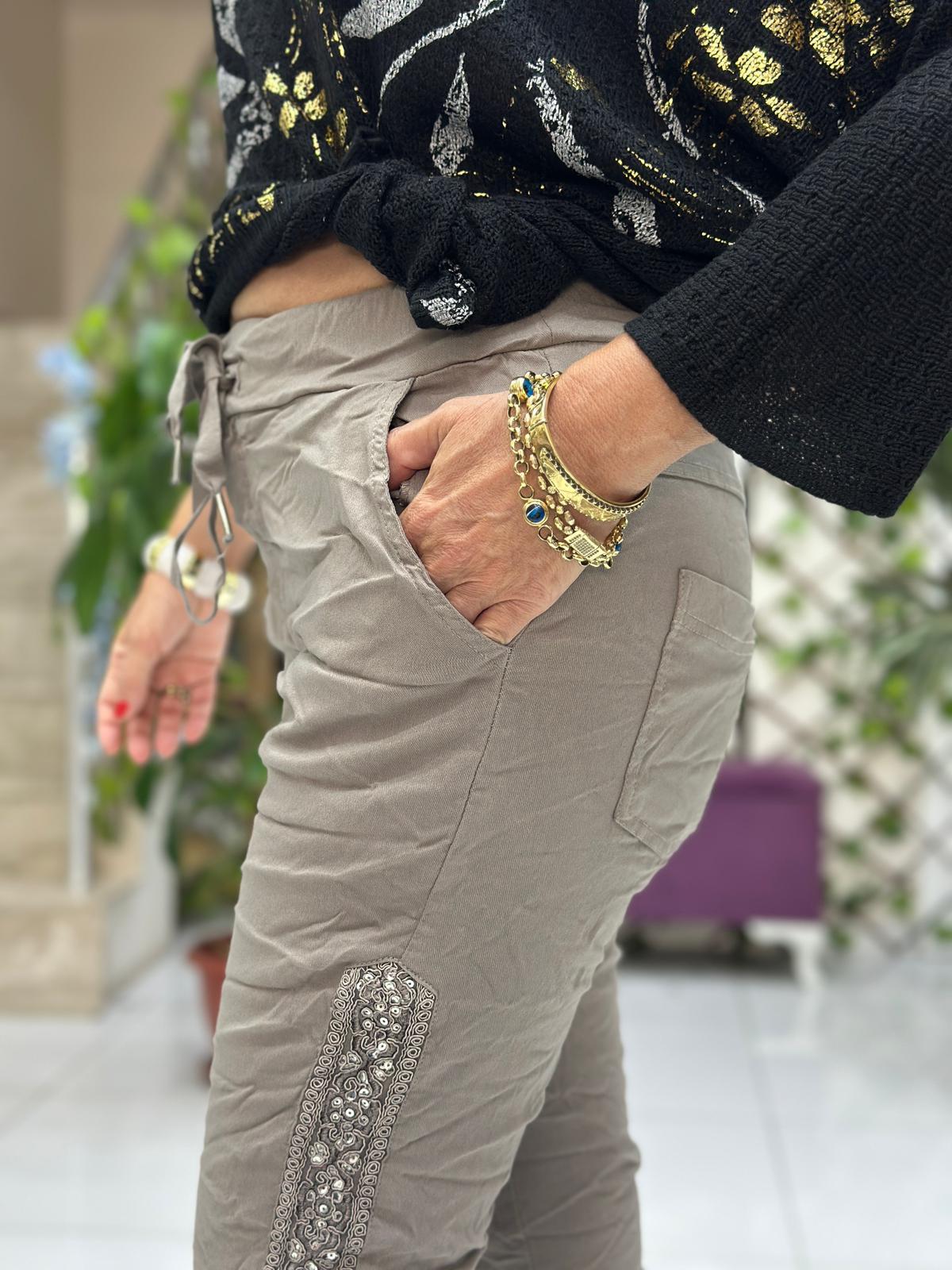 YG60008 İtalyan Yanlar Pulpayet Coton Pantolon Vizon