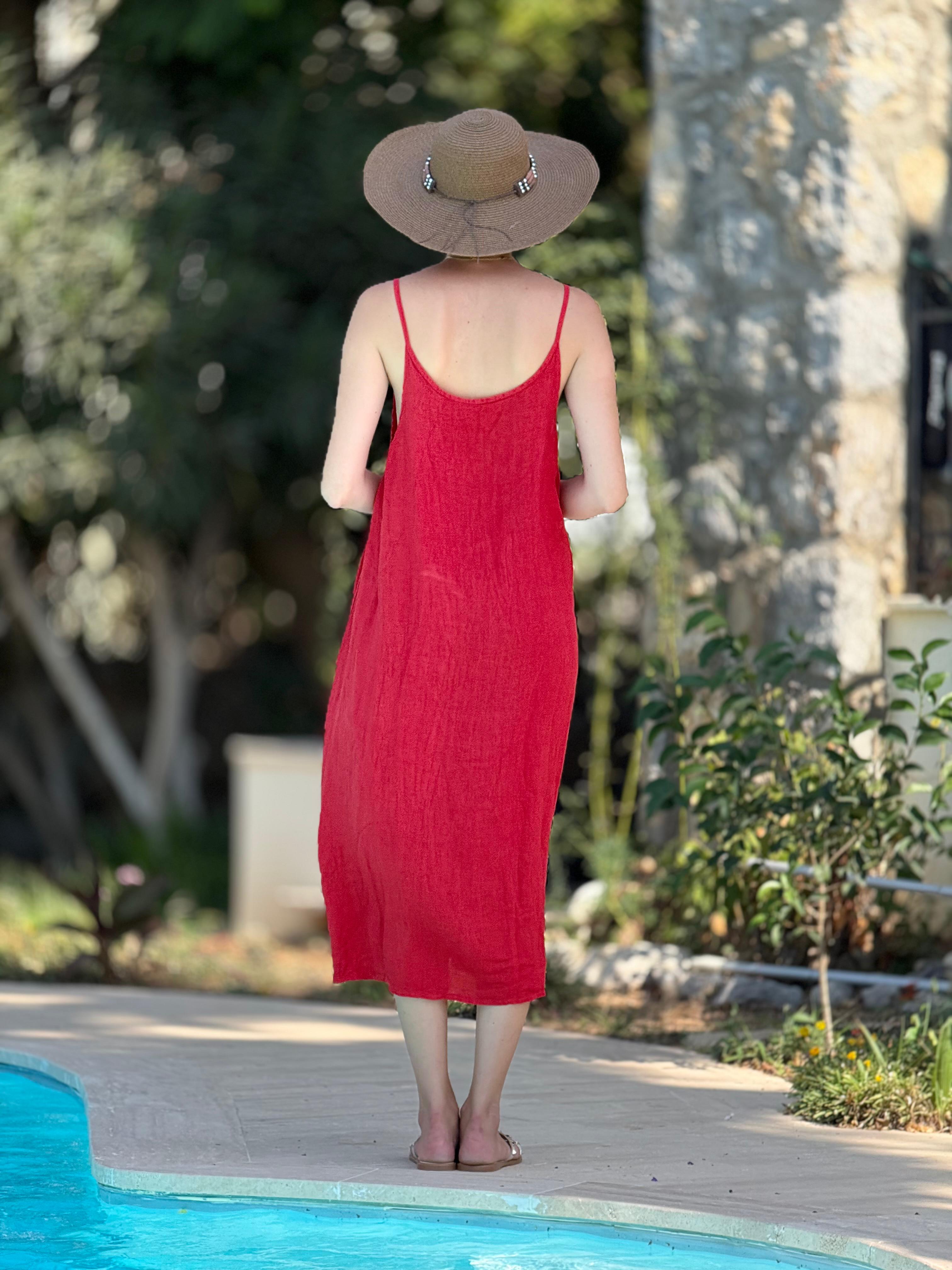 YG205040 İtalyan Keten Elbise Kırmızı