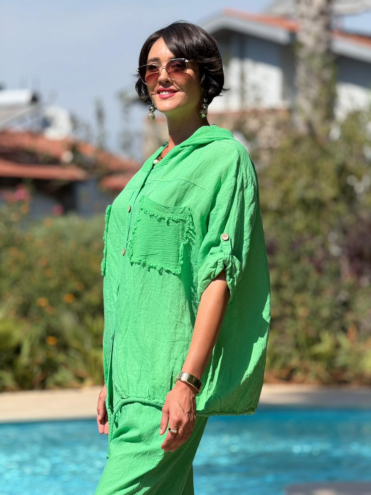 PT2256 İtalyan Önü Cepli Kapüşonlu Keten Takım Yeşil