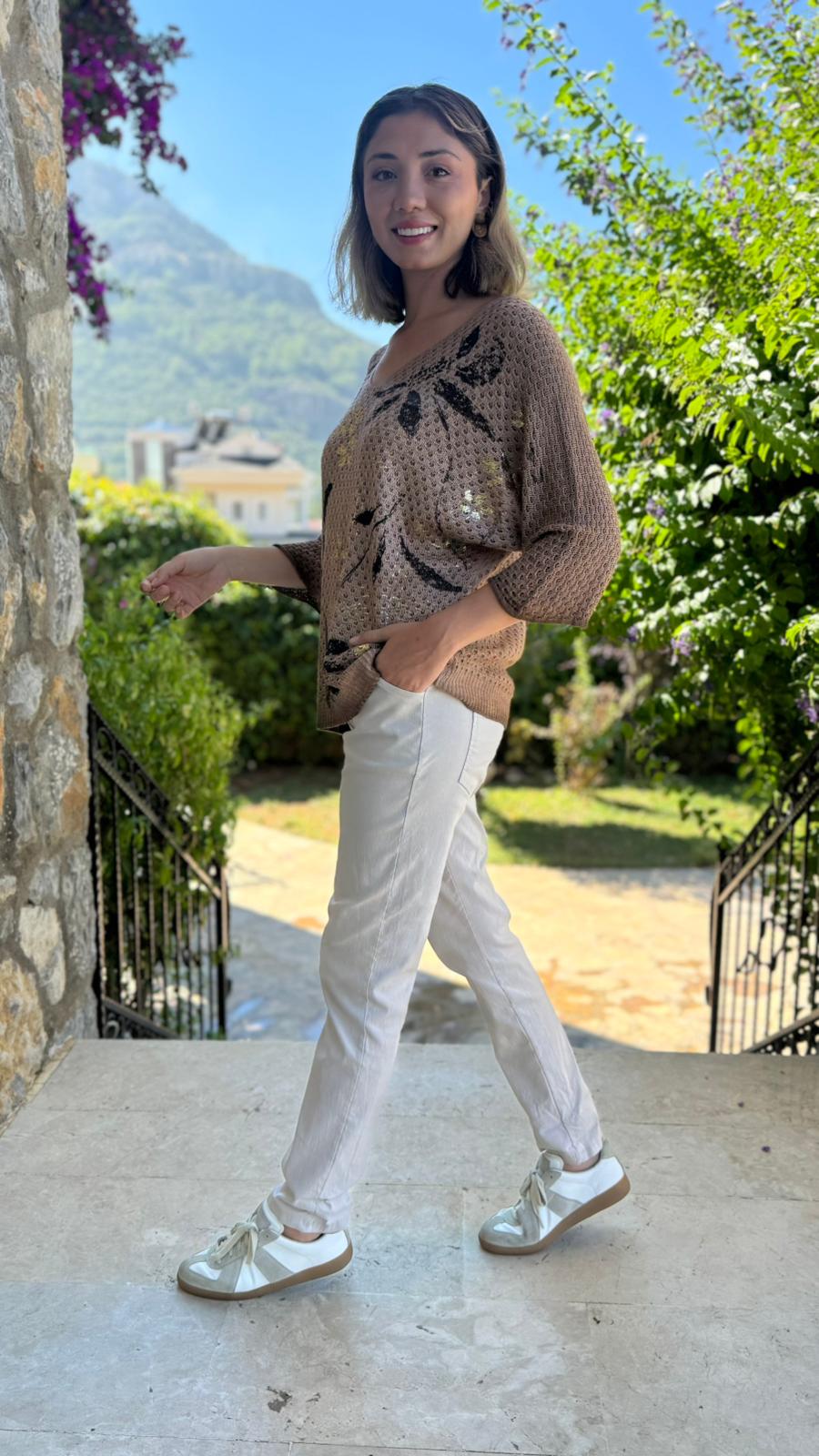 LS7514 İtalyan Yaprak Desen Triko Bluz Camel