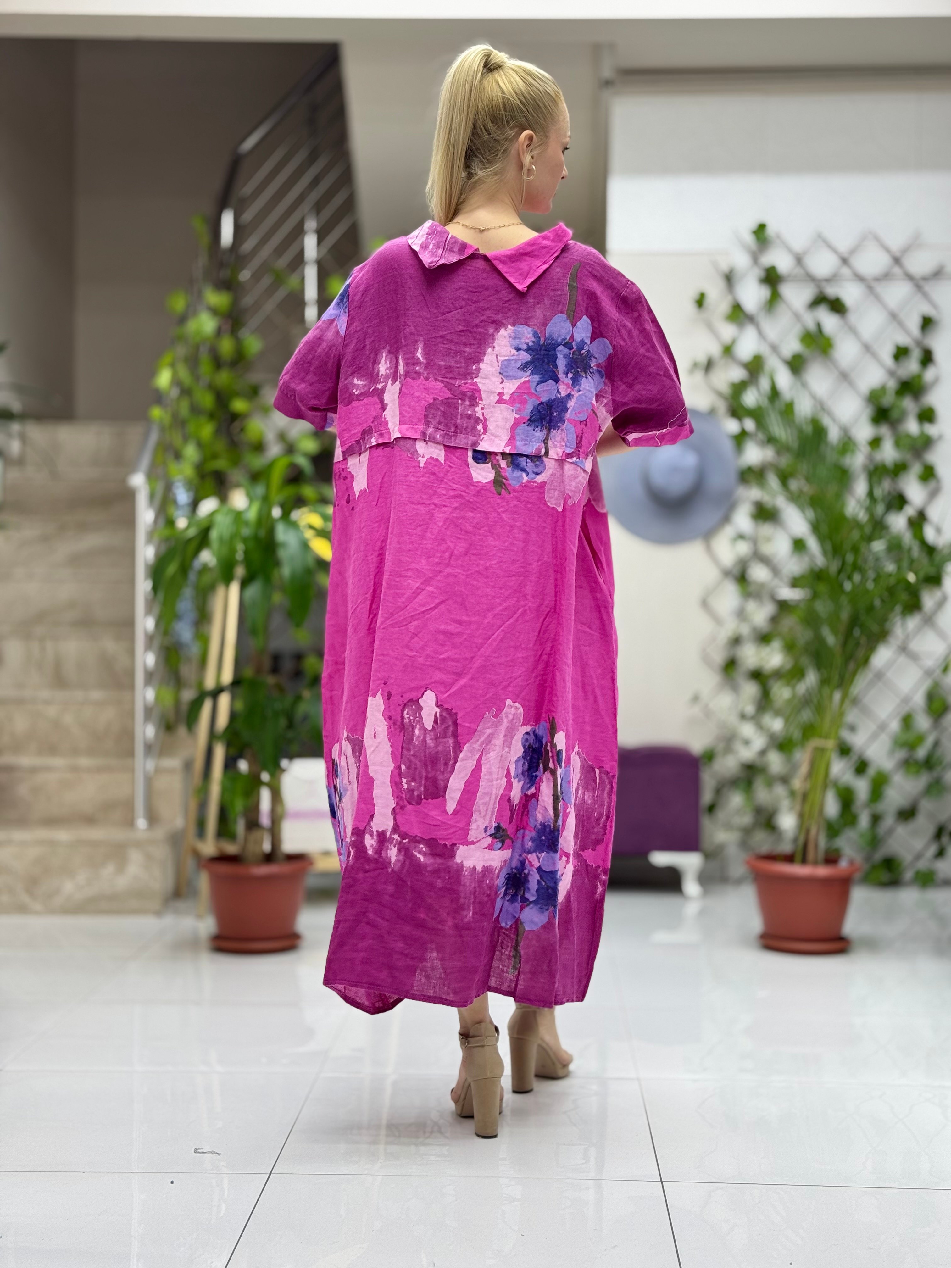N2668 Vestido Italiano De Lino Sin Mangas Azul