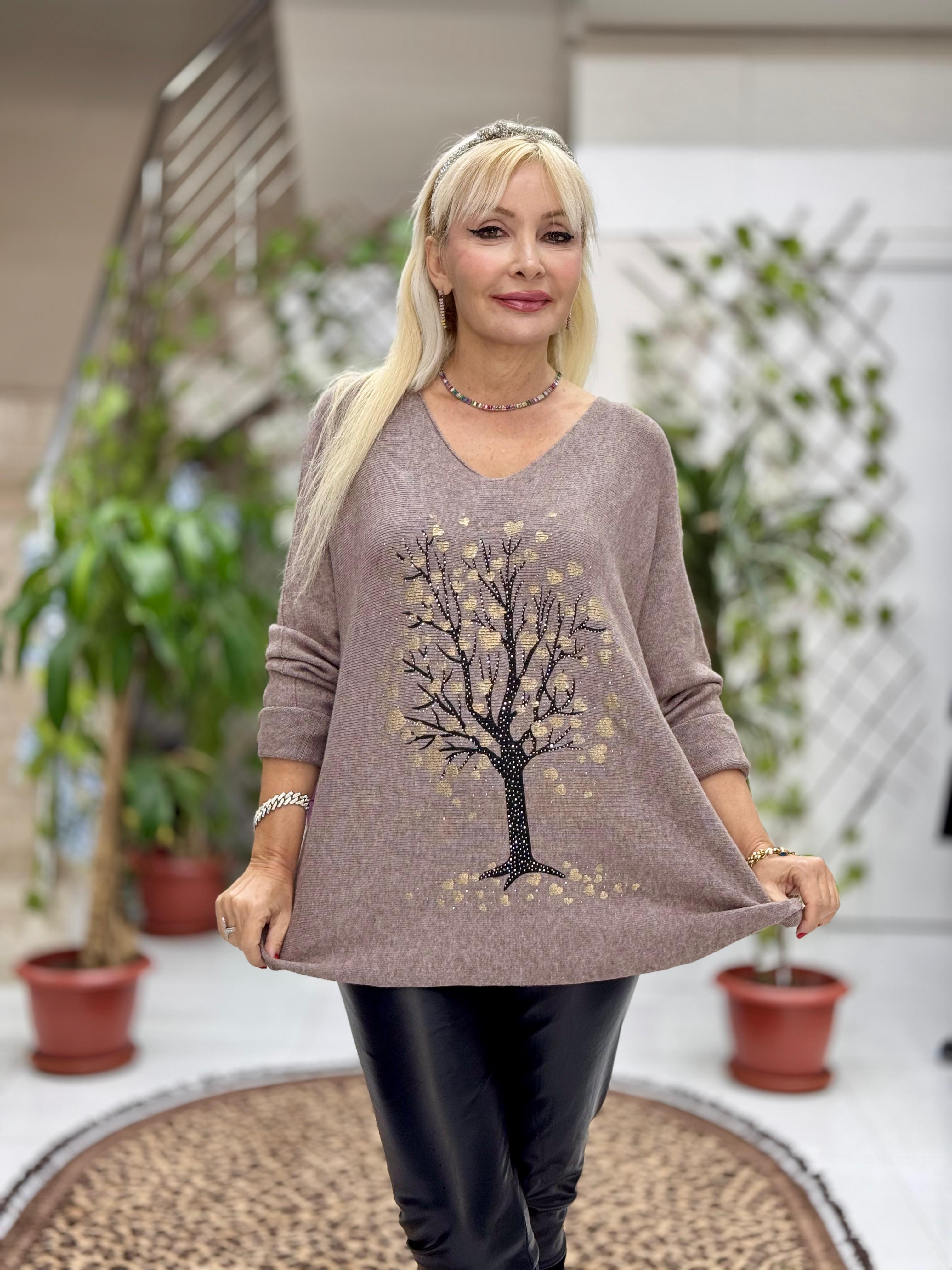 YG8021 Ağaç Desenli Taşlı İtalyan Triko Bluz Vizon