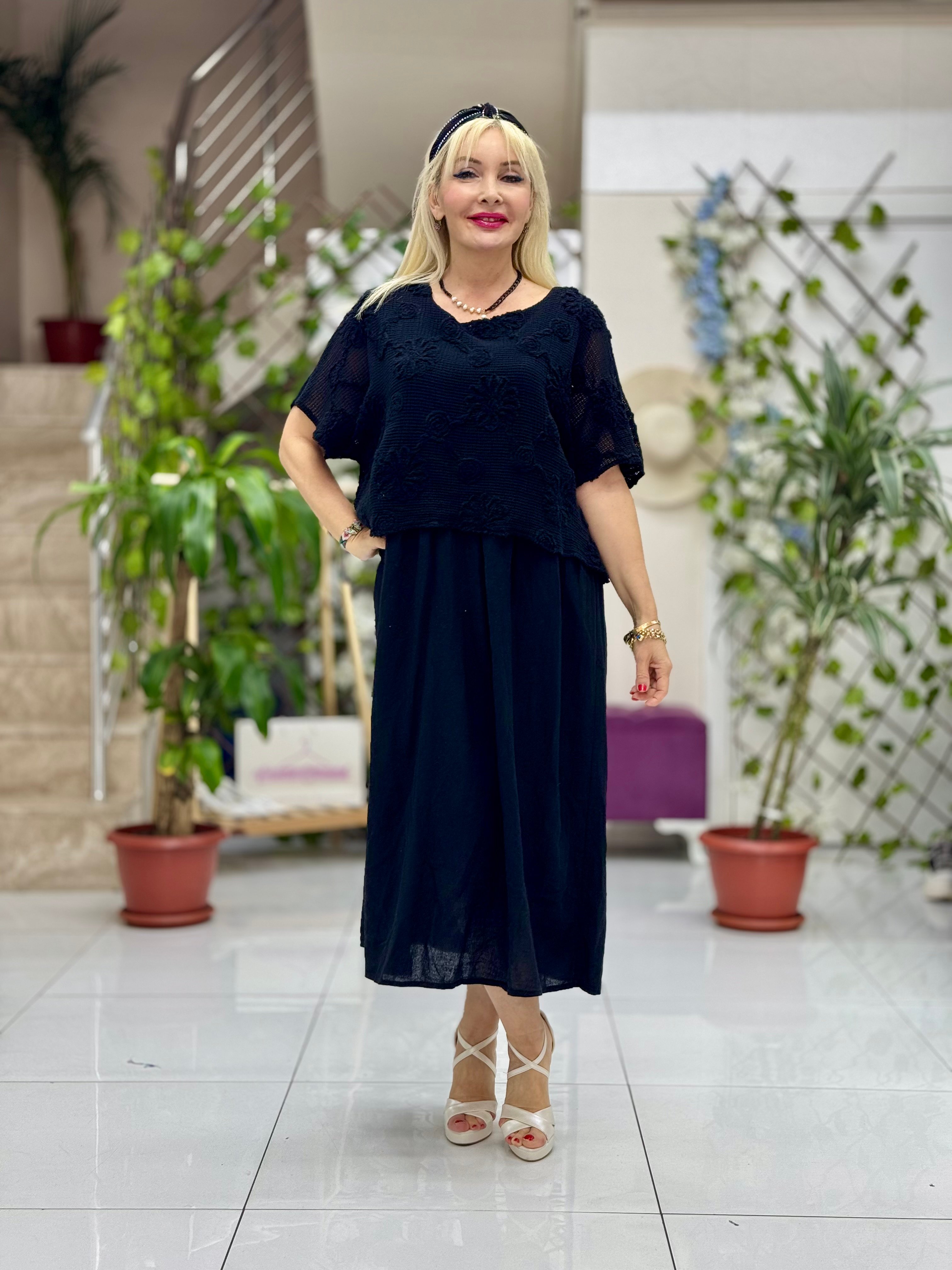 NC110505 İtalyan Keten Elbise Siyah
