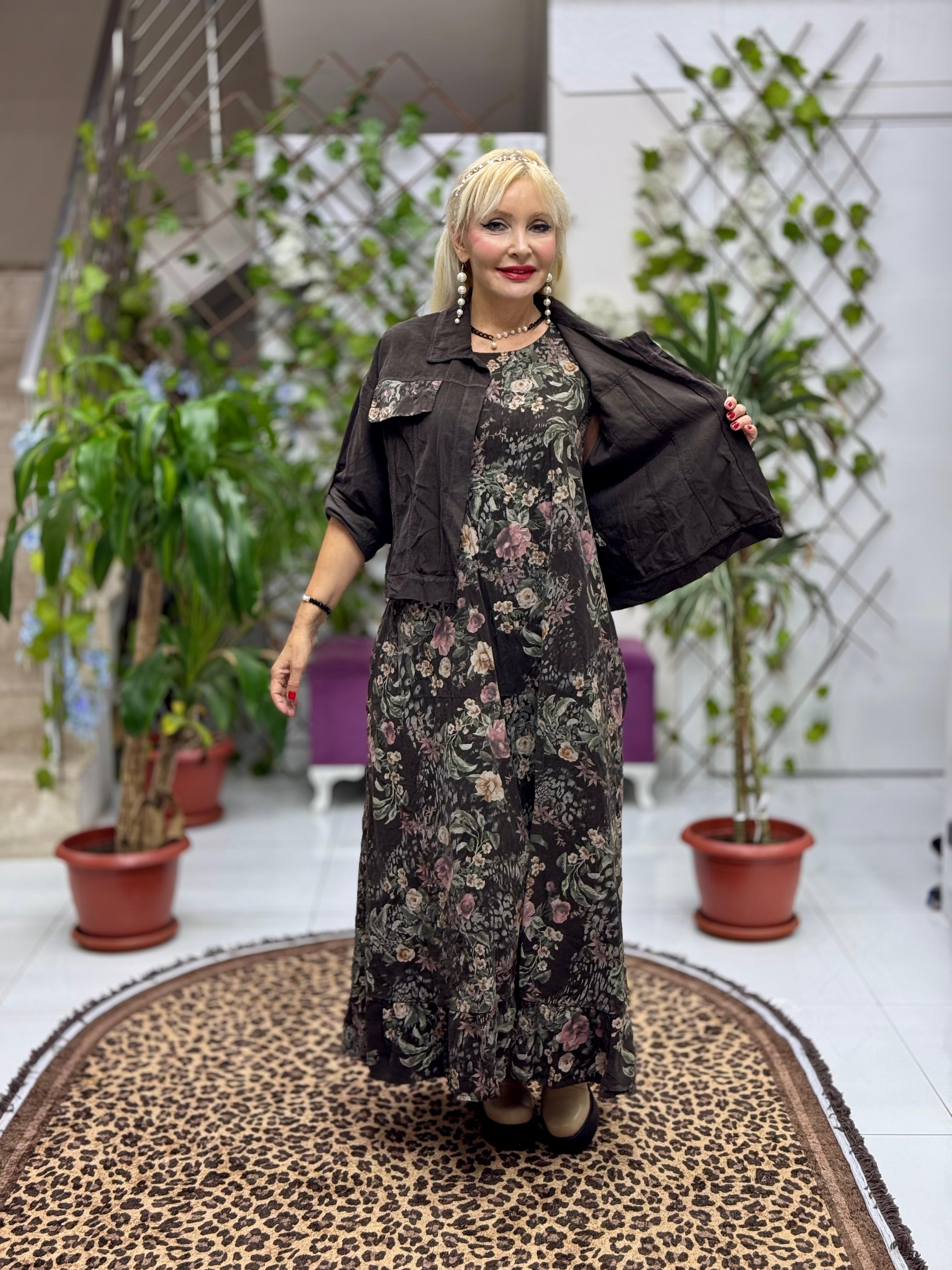 NC25001 İtalyan Kadife Çiçekli Elbise Ceket Takım Koyu Kahverengi