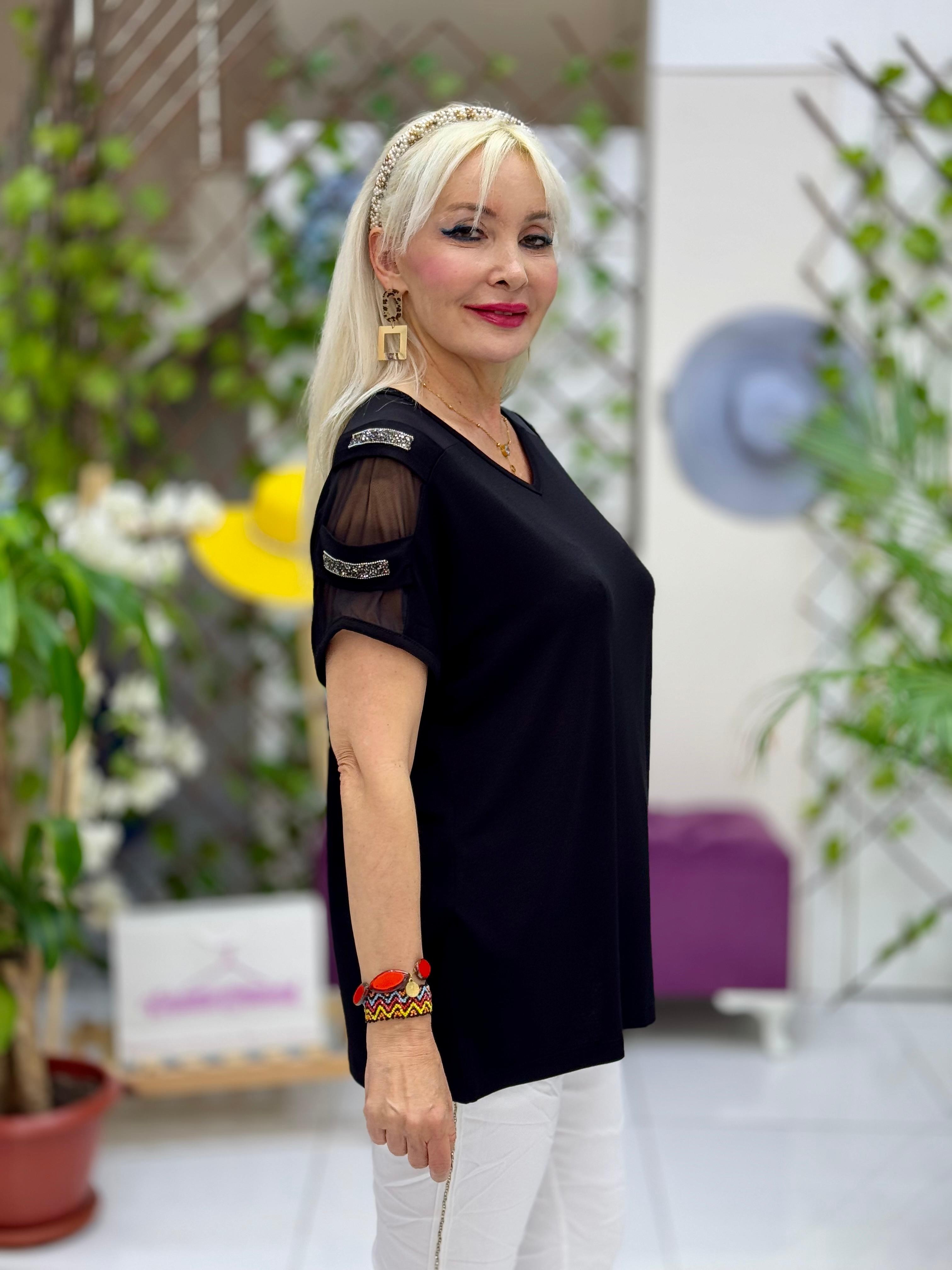 MS1107 Omuz Taşlı Penye Bluz Siyah