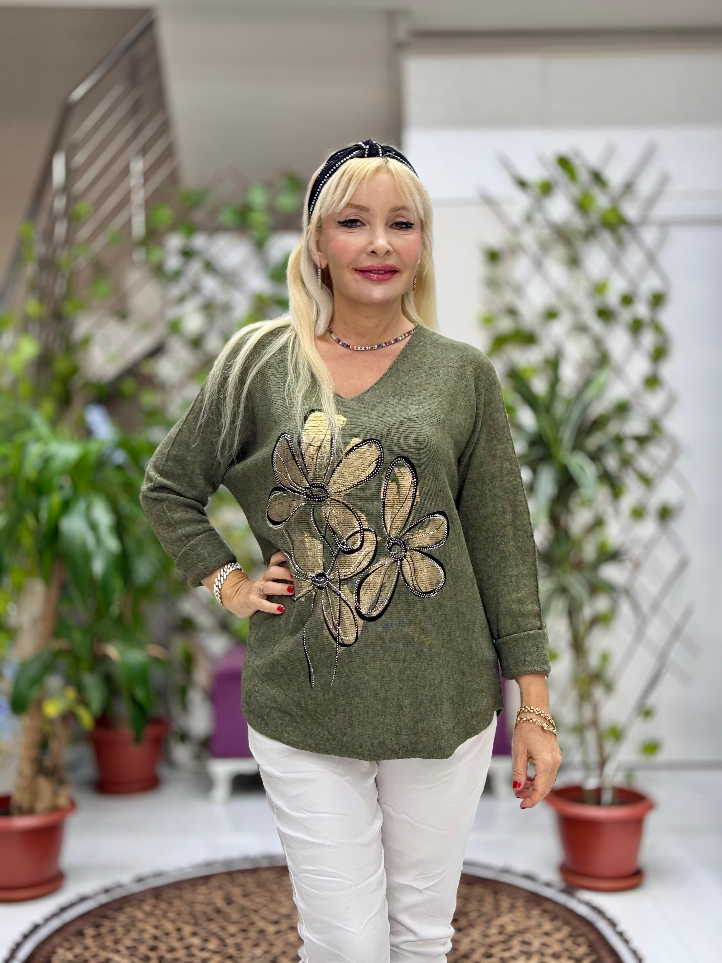 YG8022 Çiçek Desenli Taşlı İtalyan Triko Bluz Yeşil