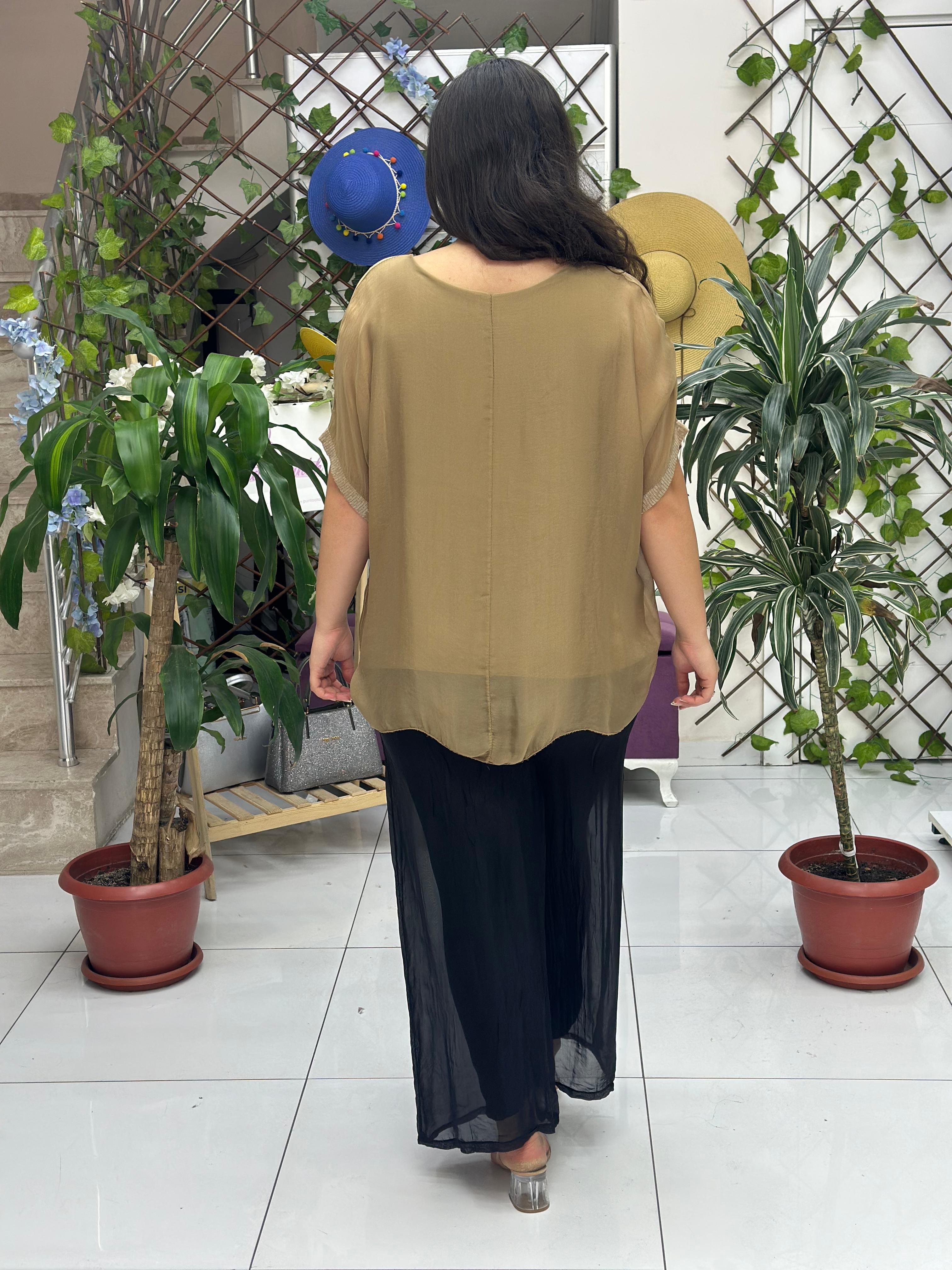 NC24841 İtalyan Pul Payetli İpek Bluz Camel