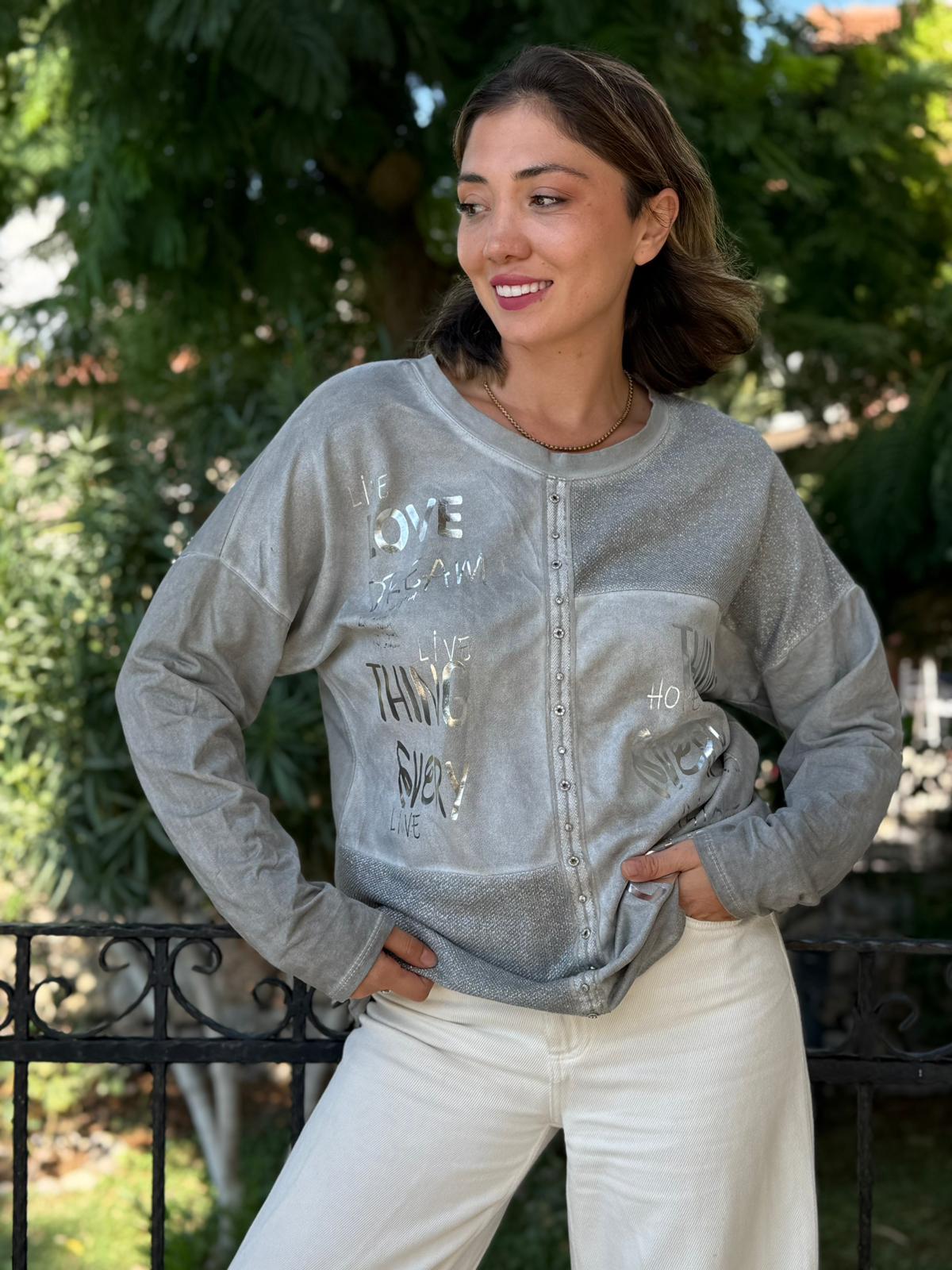 NC53761 İtalyan Yazılı Ve Taşlı Coton Sweatshirt Gri