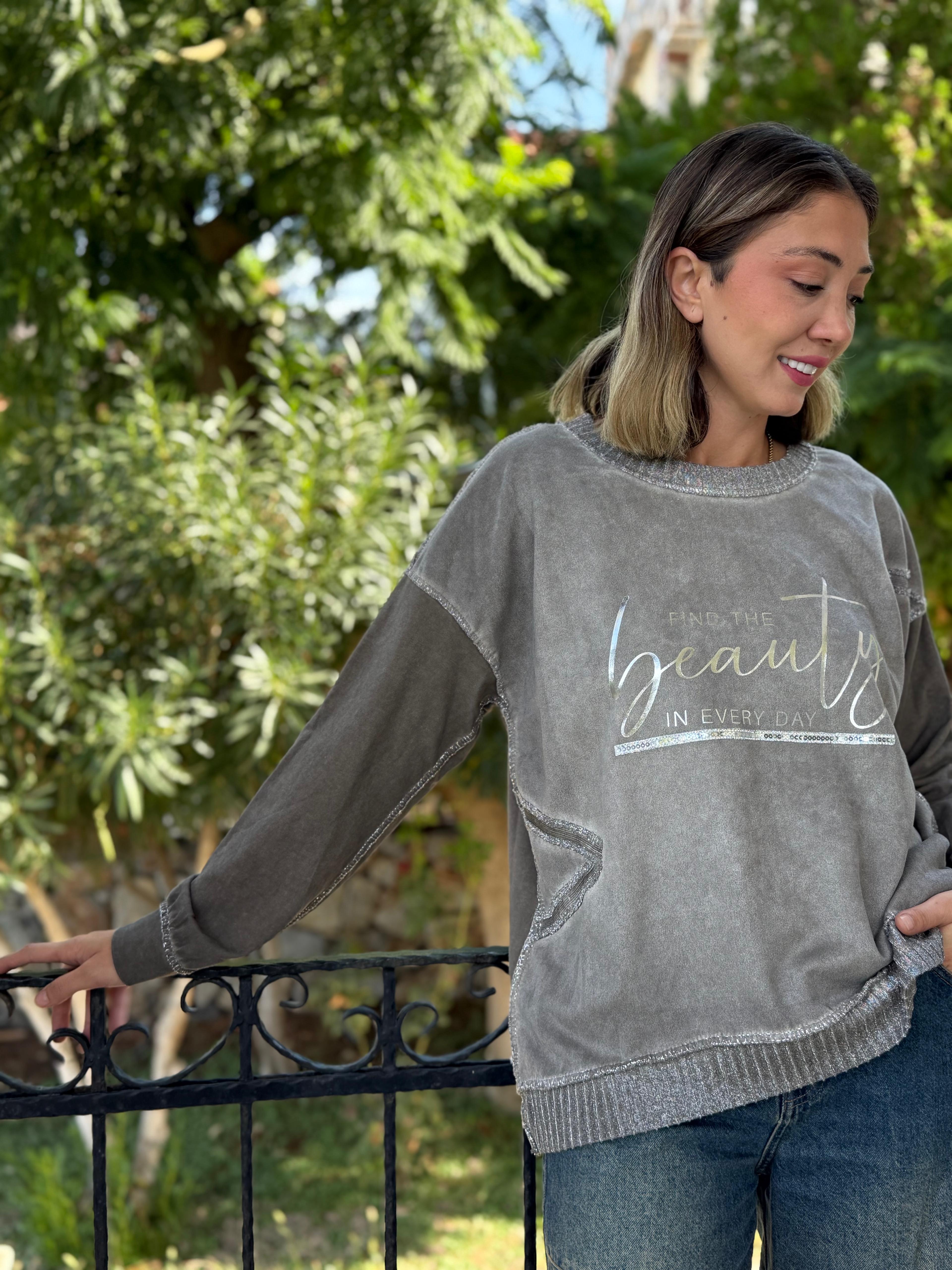 NC50793 İtalyan Beauty Yazılı Coton Sweatshirt Vizon