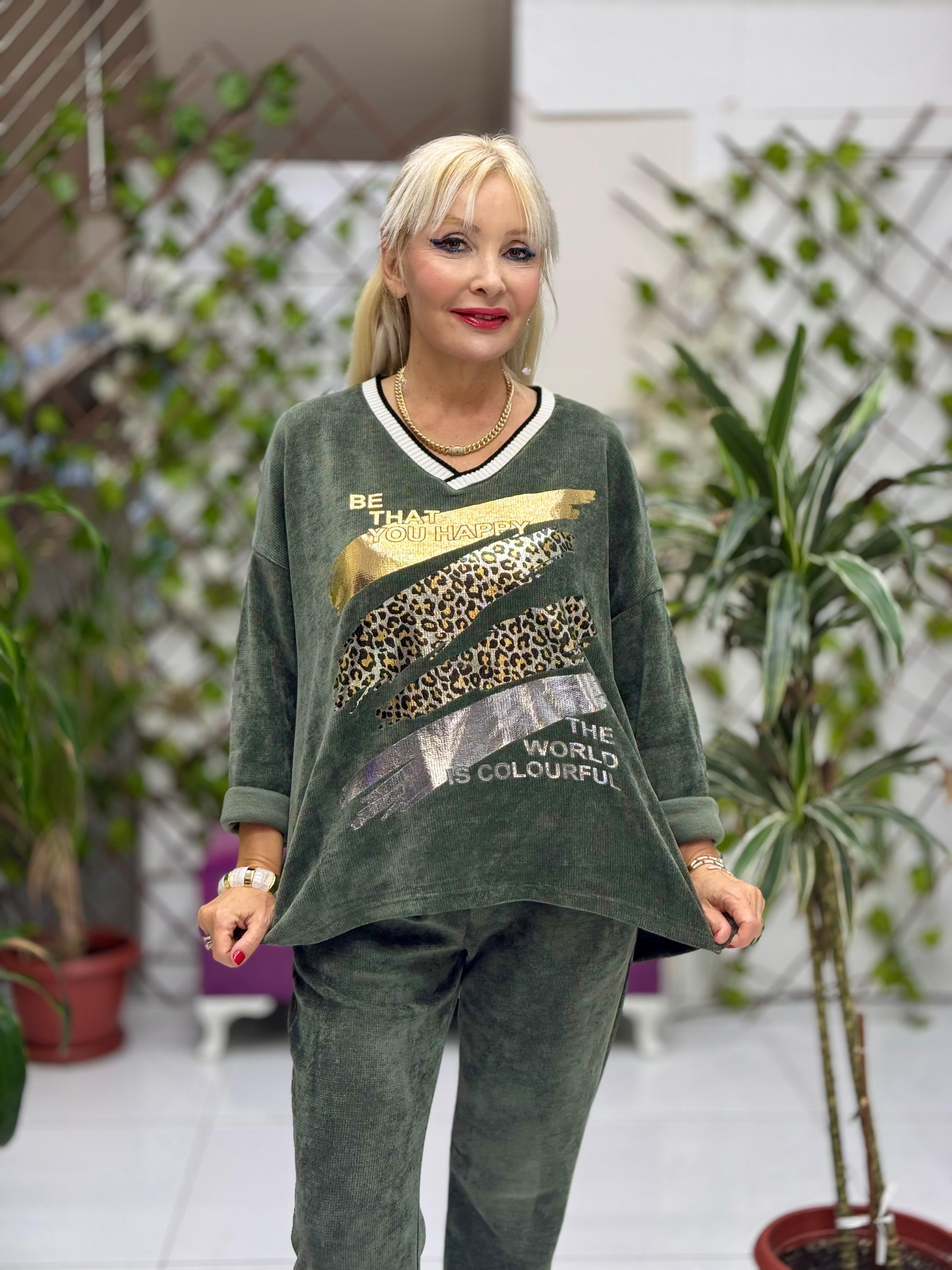 NC24155 Leopar Baskılı İtalyan Kadife Takım Yeşil