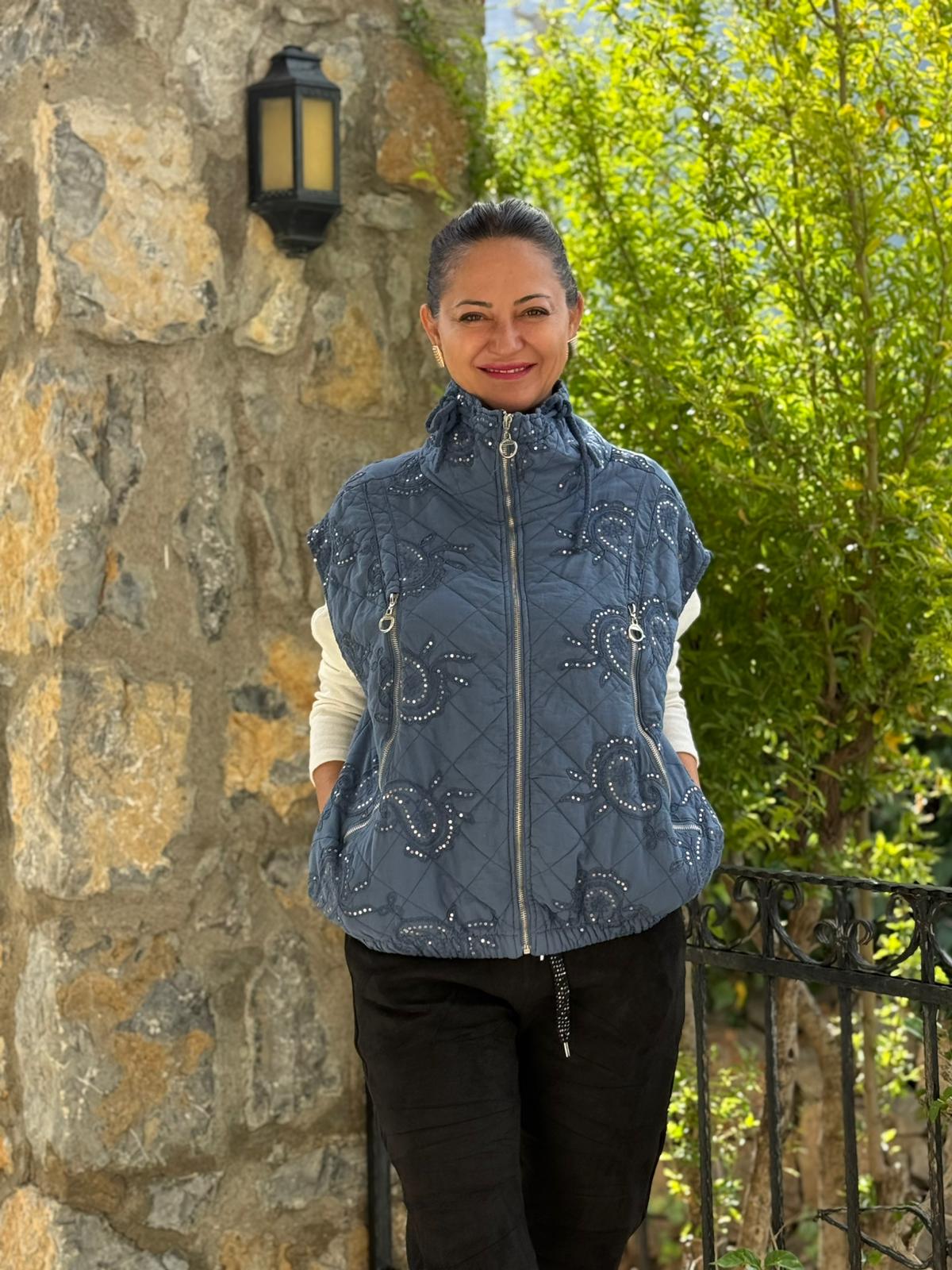 NC61582 Pul Payetli Balıkçı Yaka İtalyan Kapitone Yelek Mavi