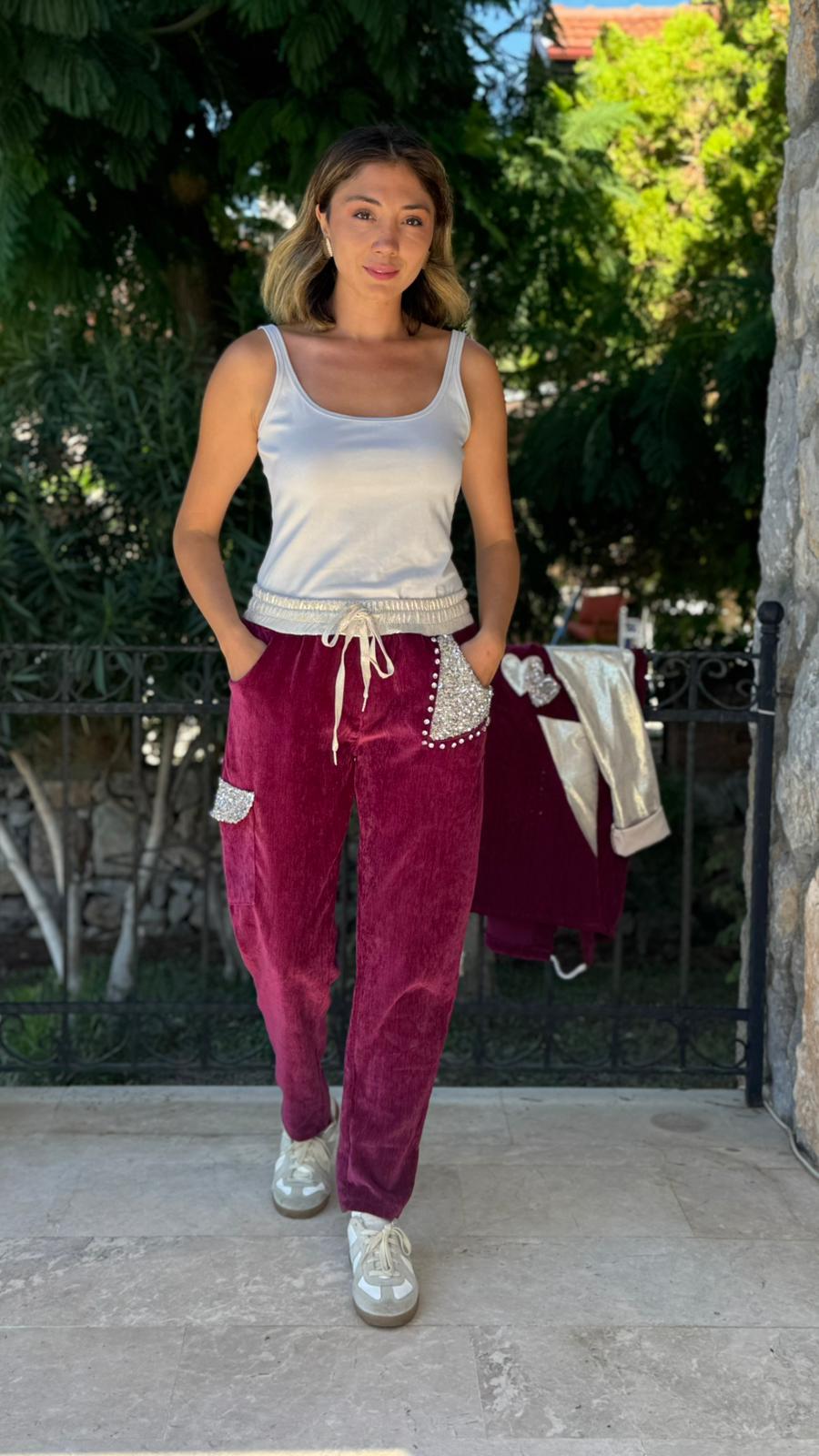 LS13220 İtalyan Cebi Taşlı Kadife Pantolon Vişne