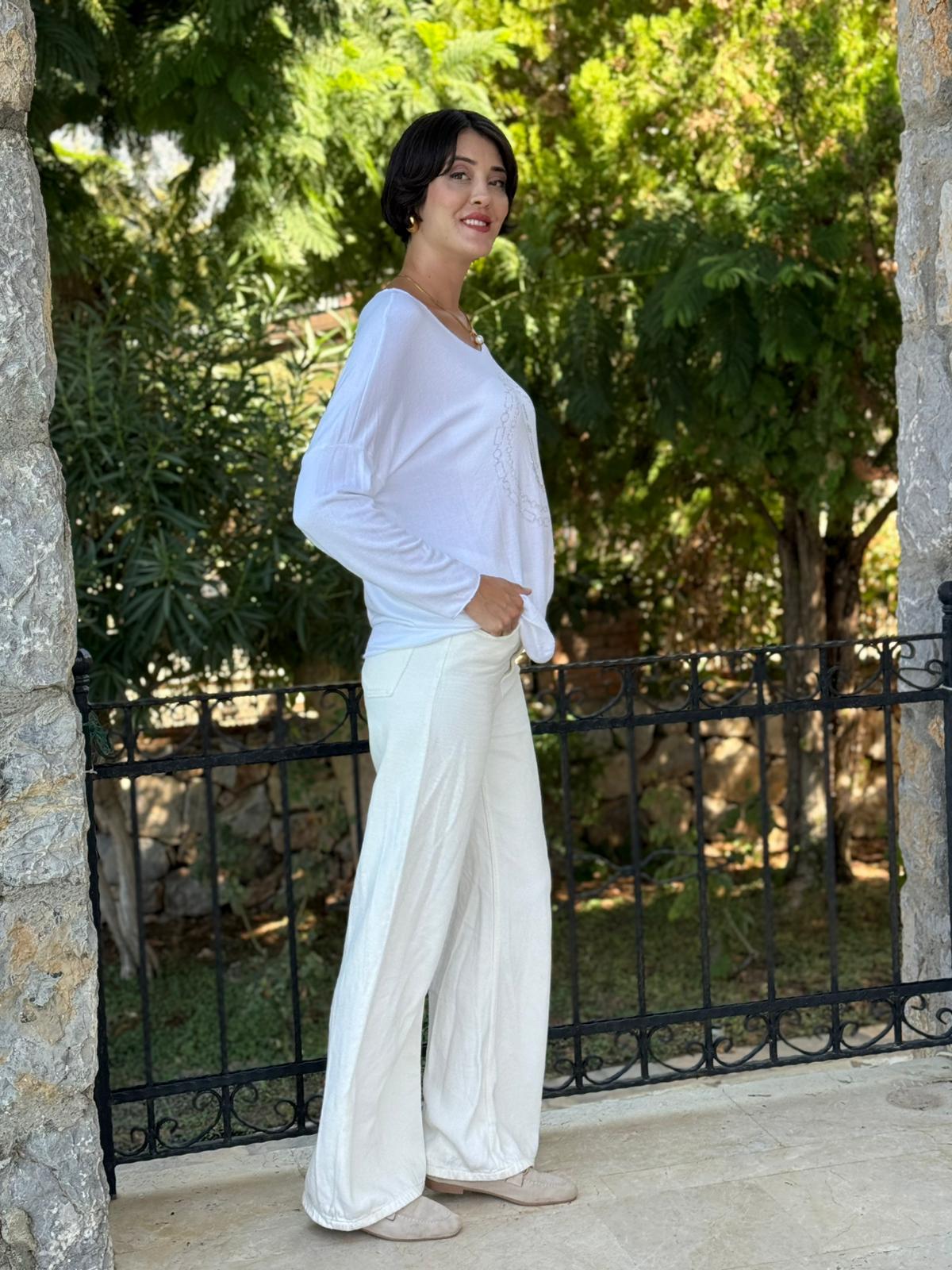 FXLS82681 İtalyan Taş Baskılı Triko Bluz Beyaz