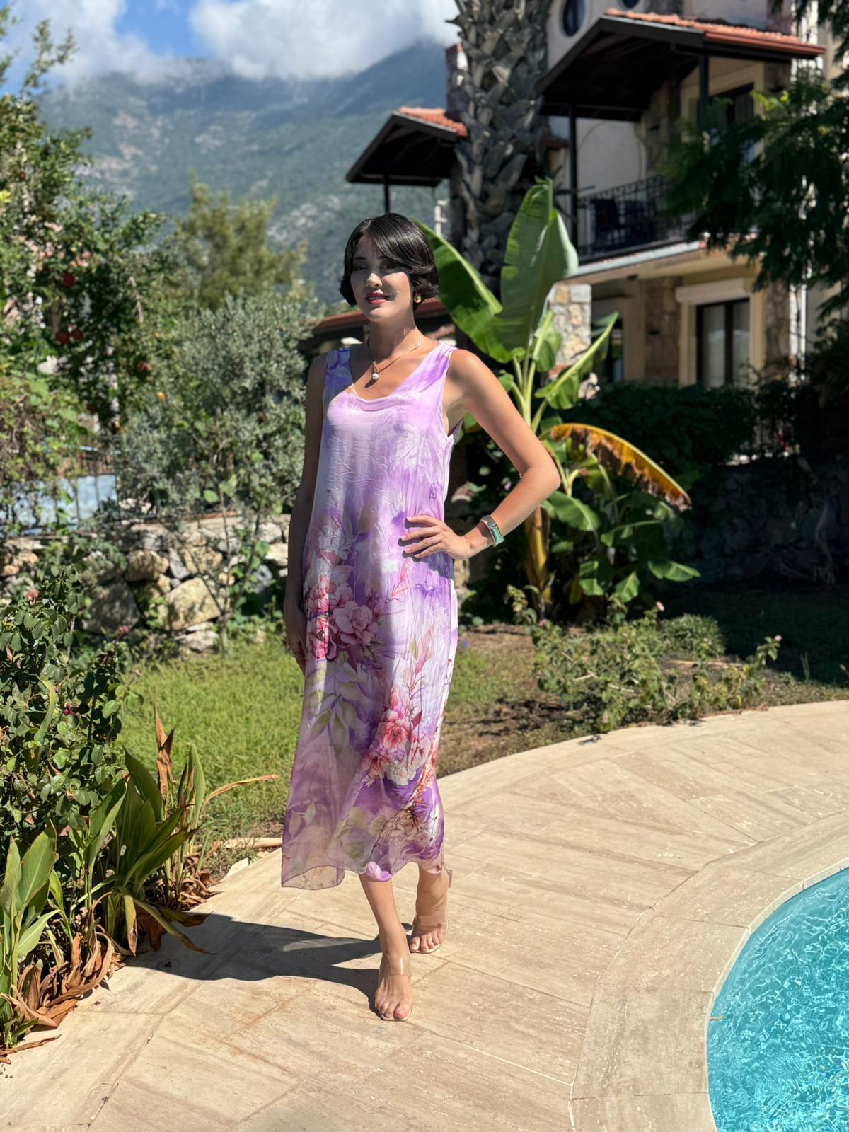 YG20641 İtalyan Çiçekli Askılı İpek Elbise Lila