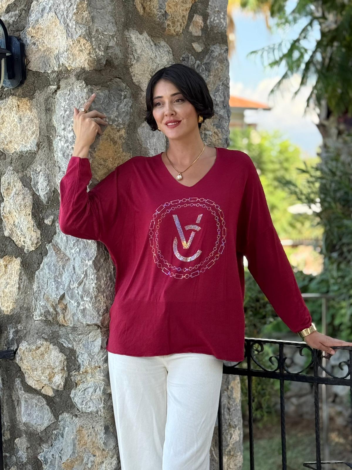 FXLS82681 İtalyan Taş Baskılı Triko Bluz Bordo