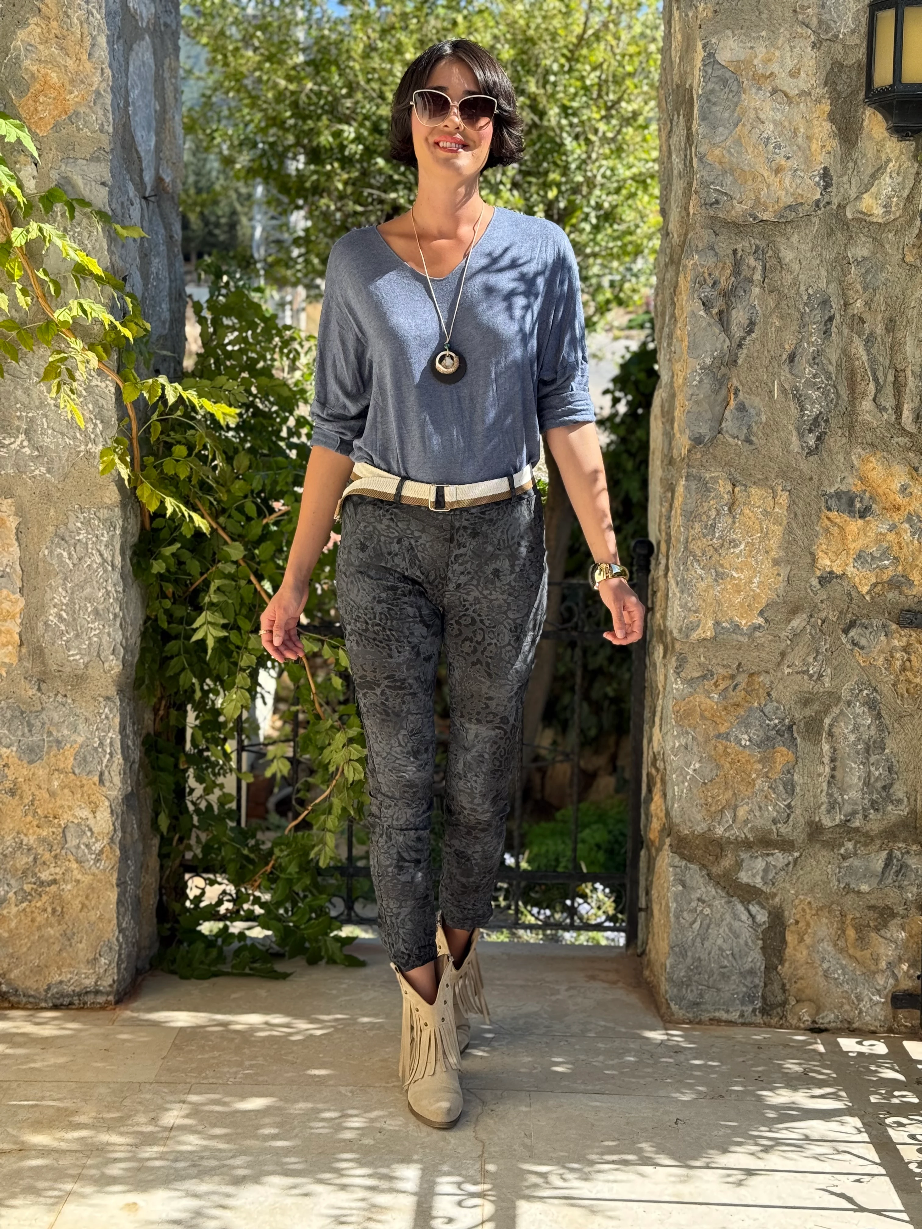 NC21980 italyan Likralı Çiçek ve Leopar desenli Pantolon Lacivert