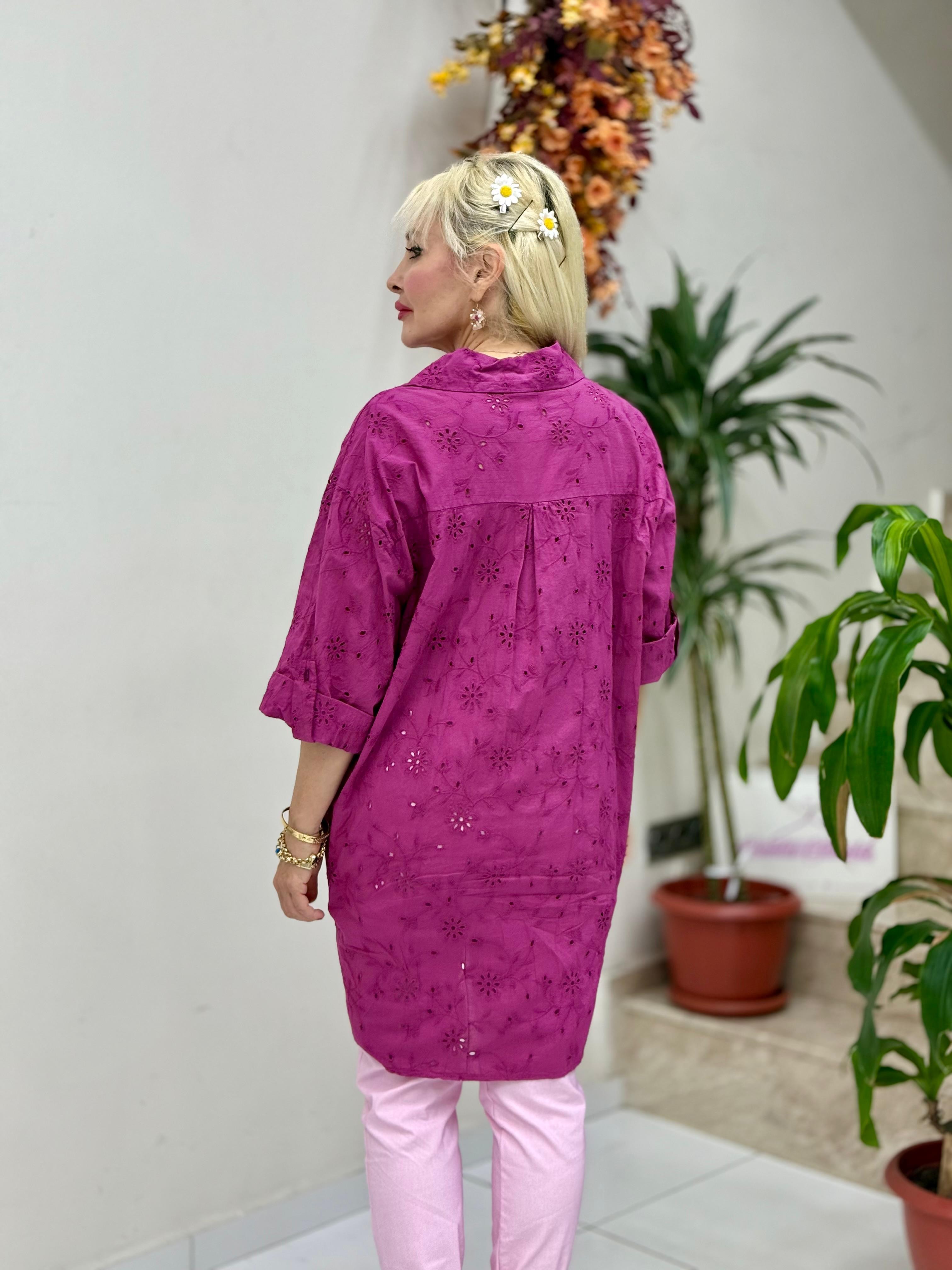 YG1360 İtalyan Brodeli Tunik Gömlek Vişne