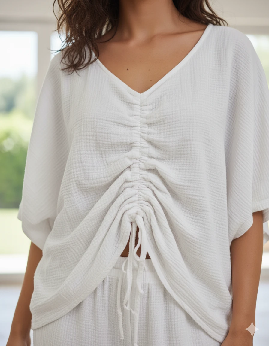 AY23766 Önü Büzgülü Pantolonu Yırtmaçlı Müslin Takım Beyaz