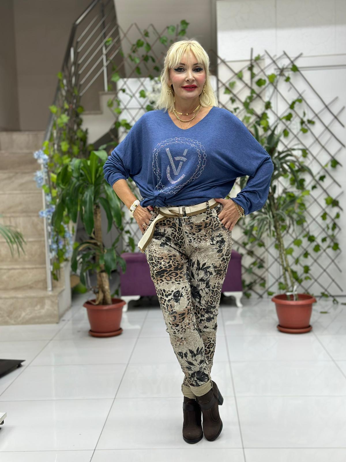 NC21980 italyan Likralı Çiçek ve Leopar desenli Pantolon Bej