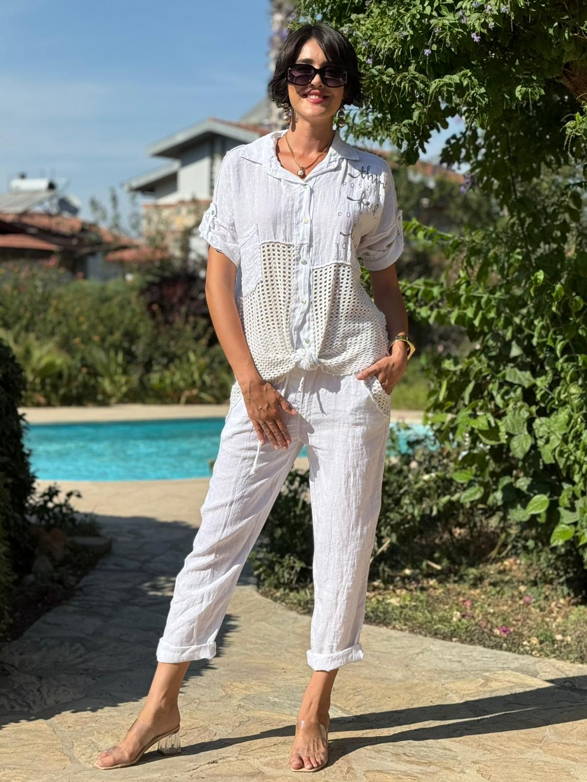 NC55557 İtalyan Ön Arka File Erkek Yaka Keten Takım Beyaz