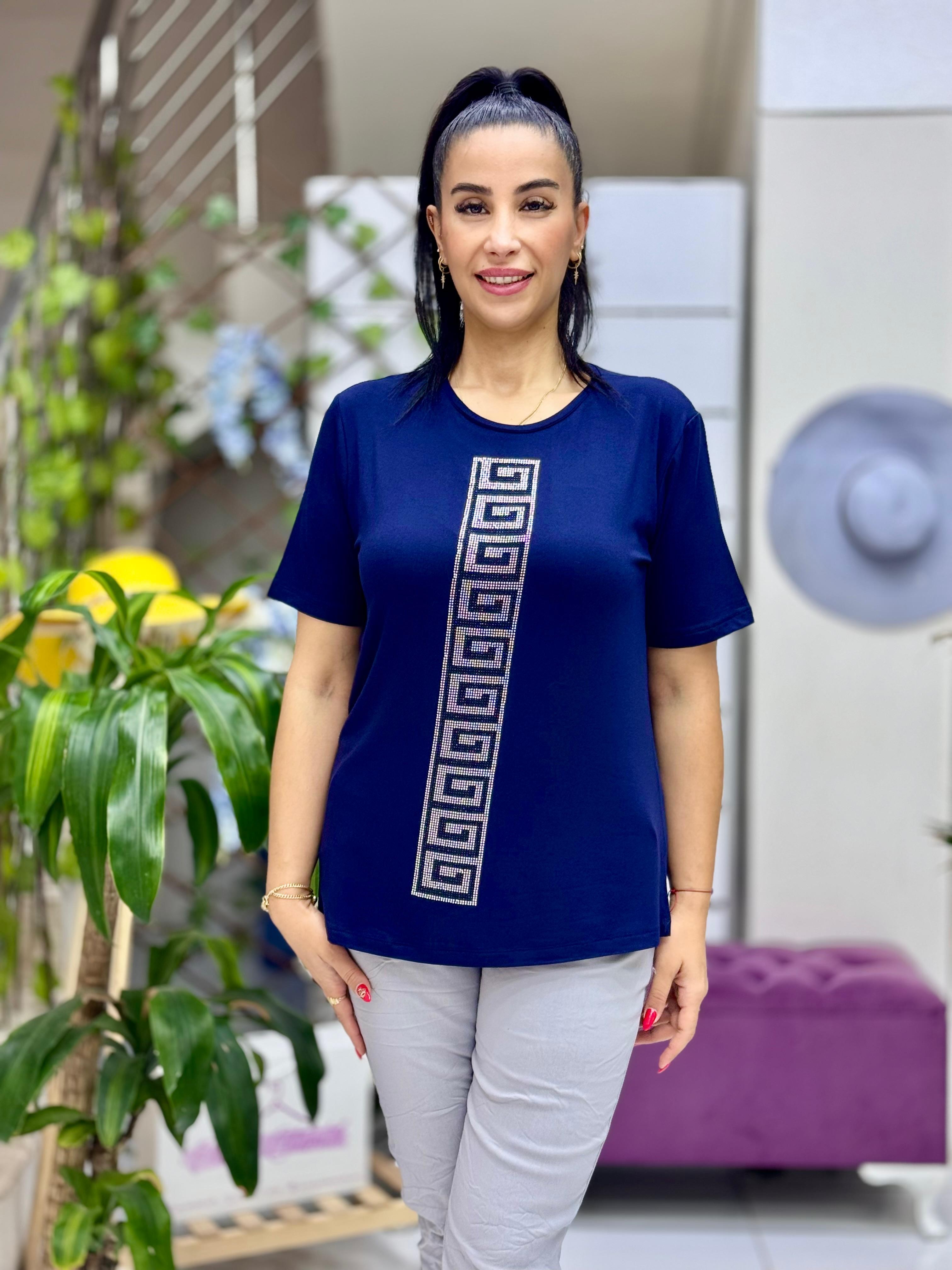 MS4222 Şerit Desenli  Penye Bluz Lacivert