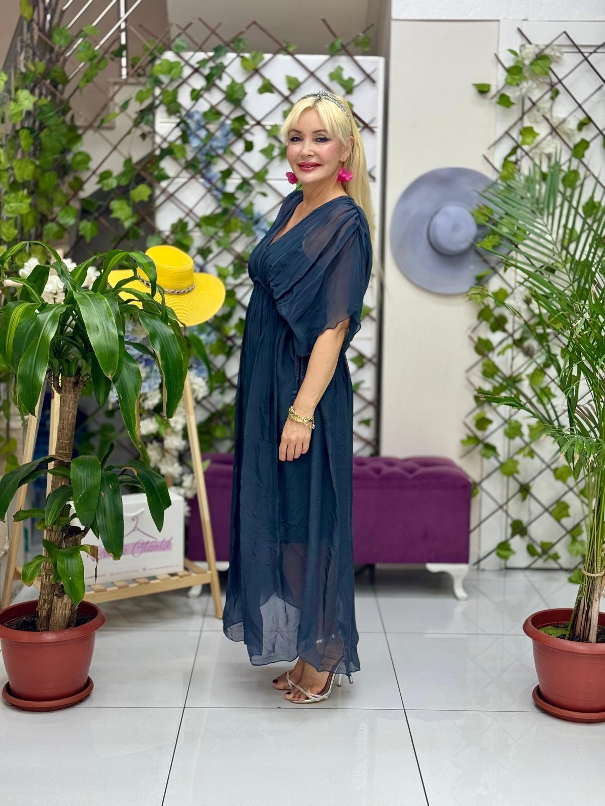 YG7620 İtalyan Bağlamalı İpek Elbise Füme