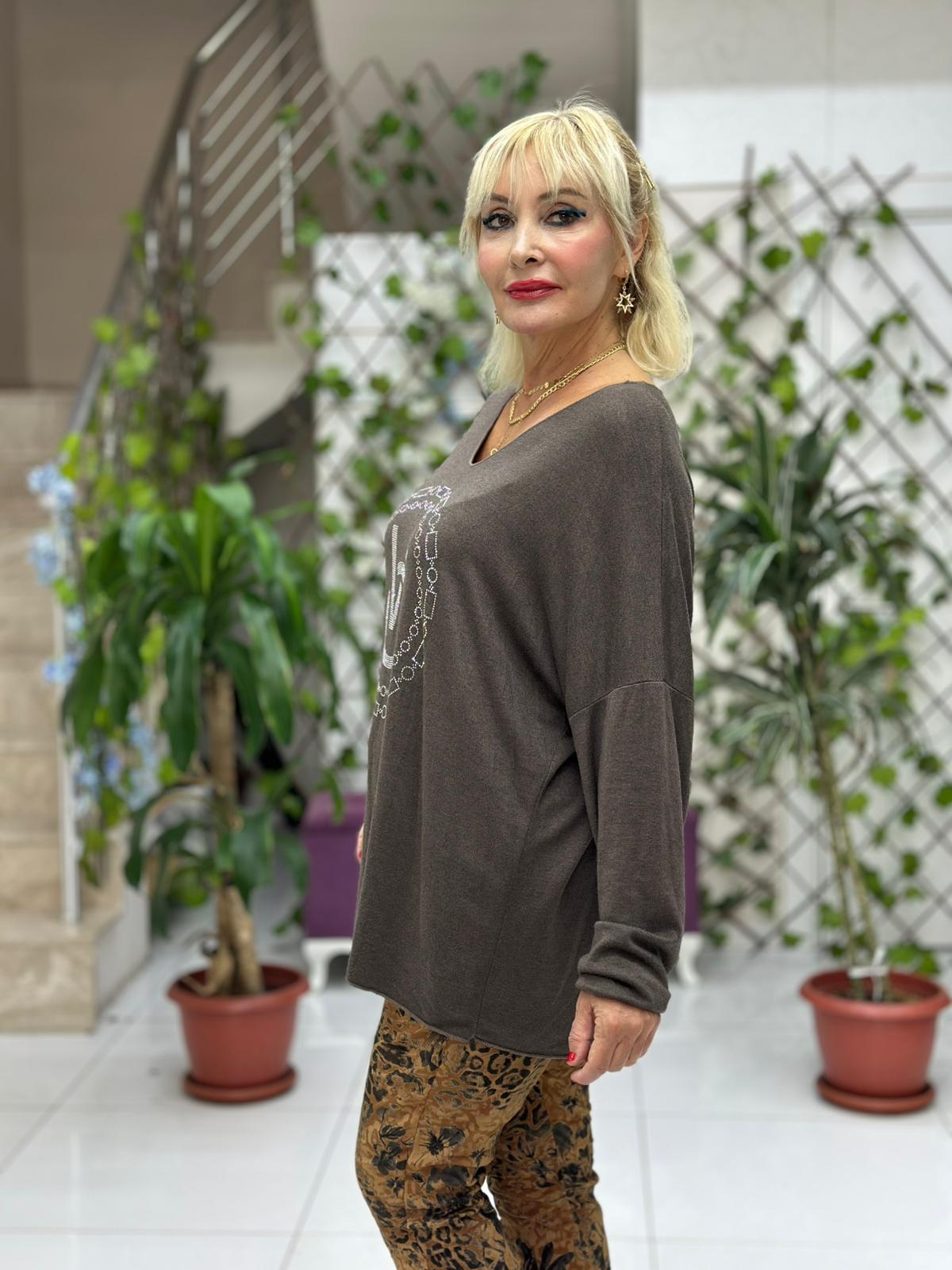 LS82681 İtalyan Taş Baskılı Triko Bluz Kahverengi