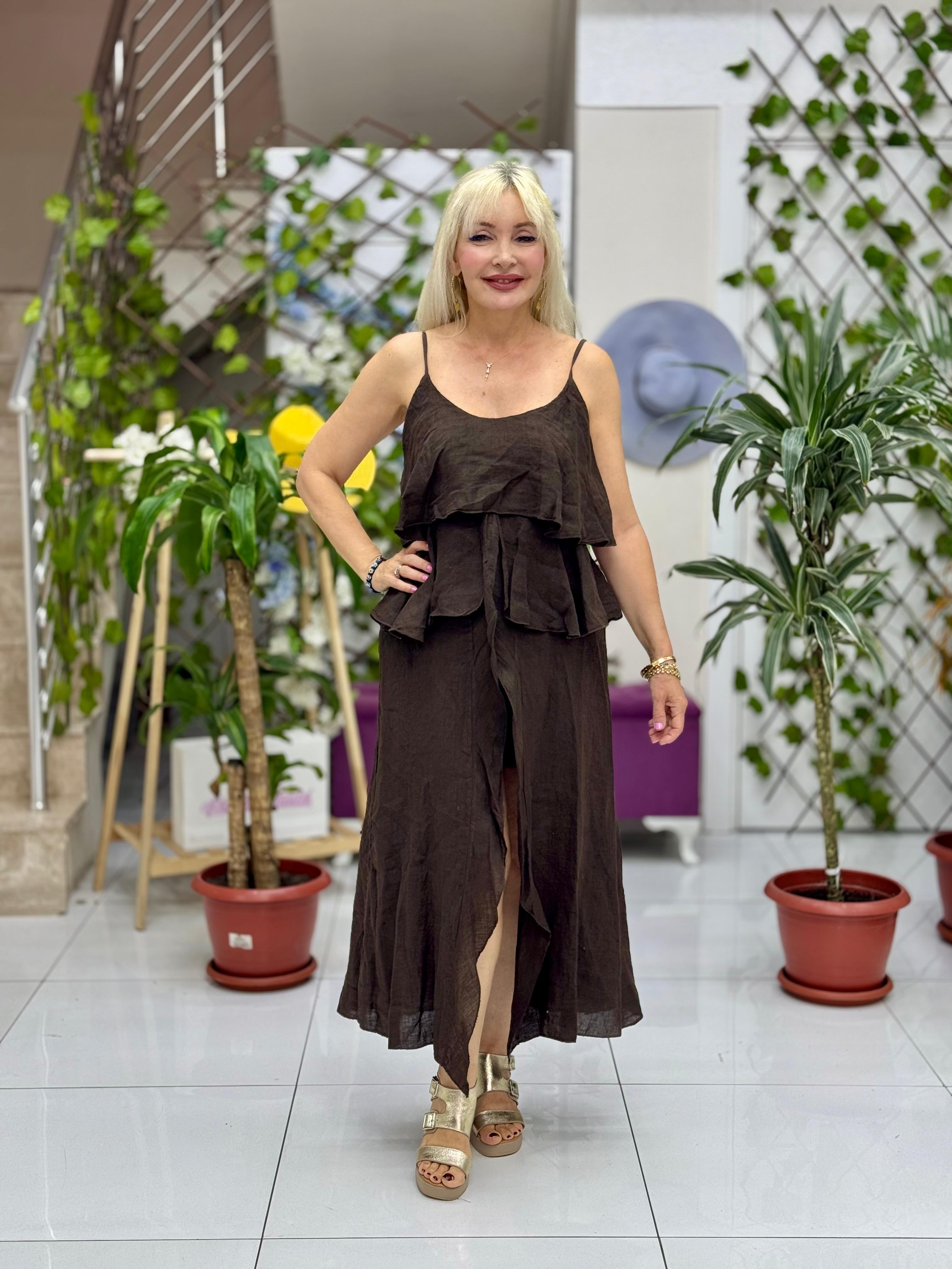 NC13179 İtalyan Keten Şortlu Takım Kahve
