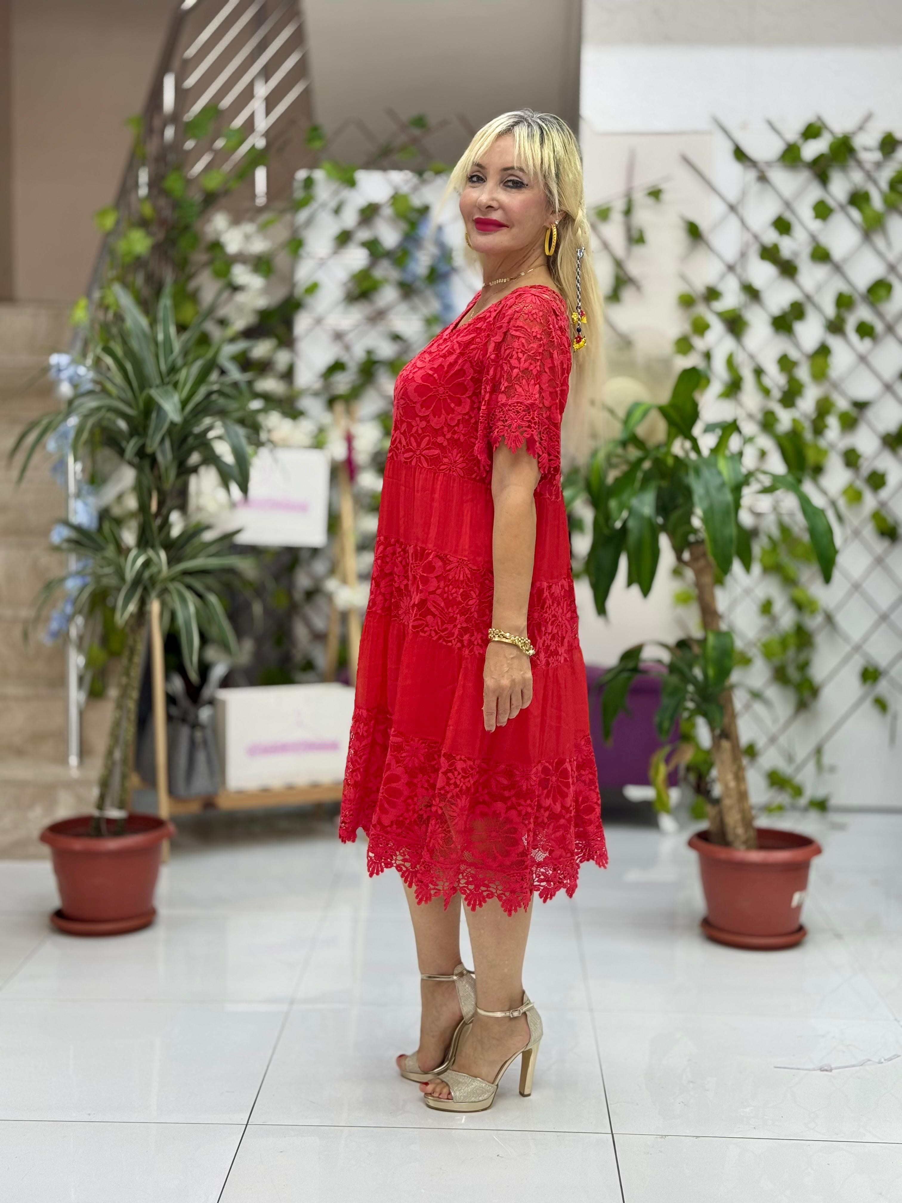 N10337 İtalyan İpek Elbise kırmızı