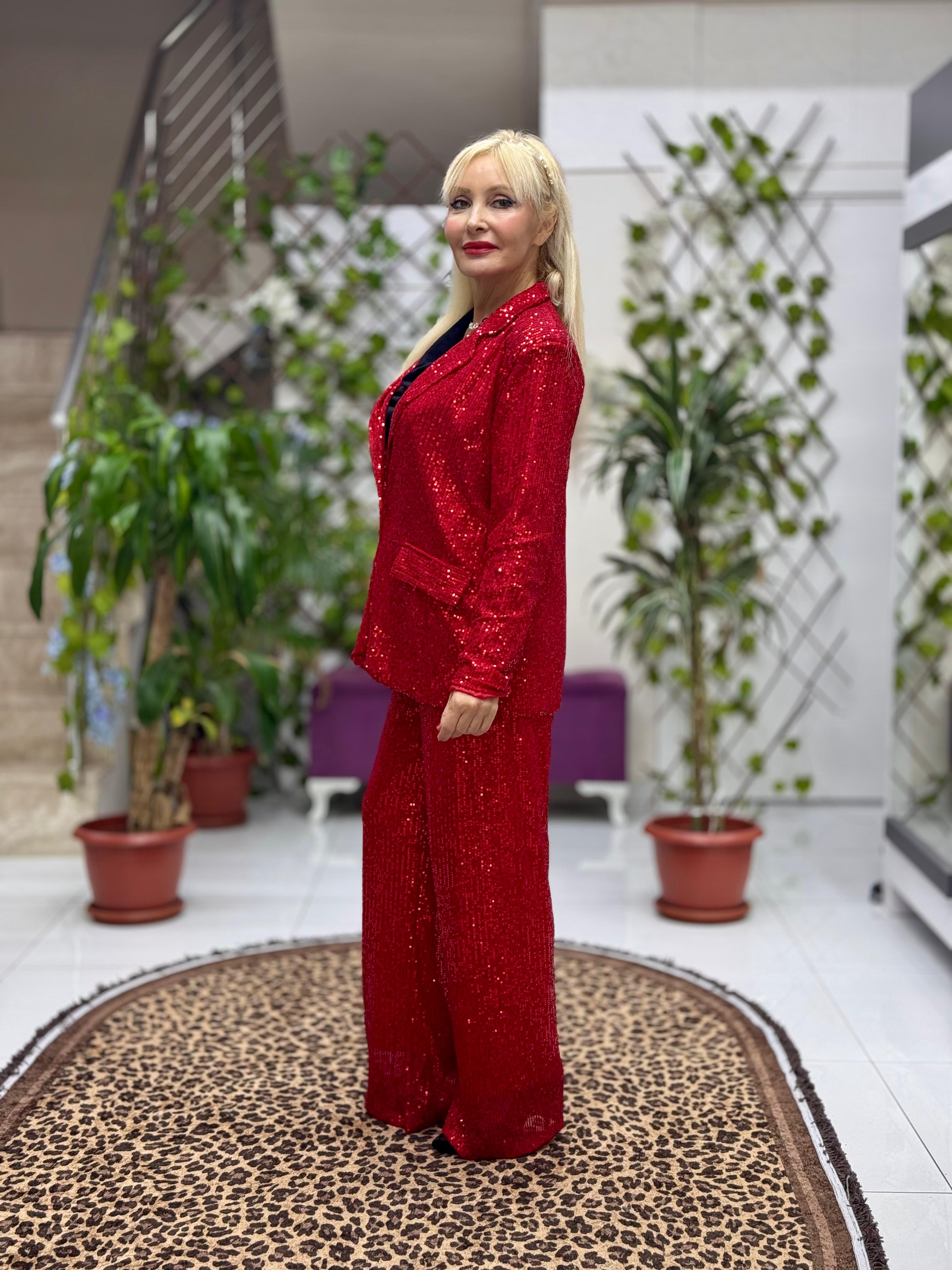 YG2013 İtalyan Pul Payetli Tek Düğme Takım Kırmızı