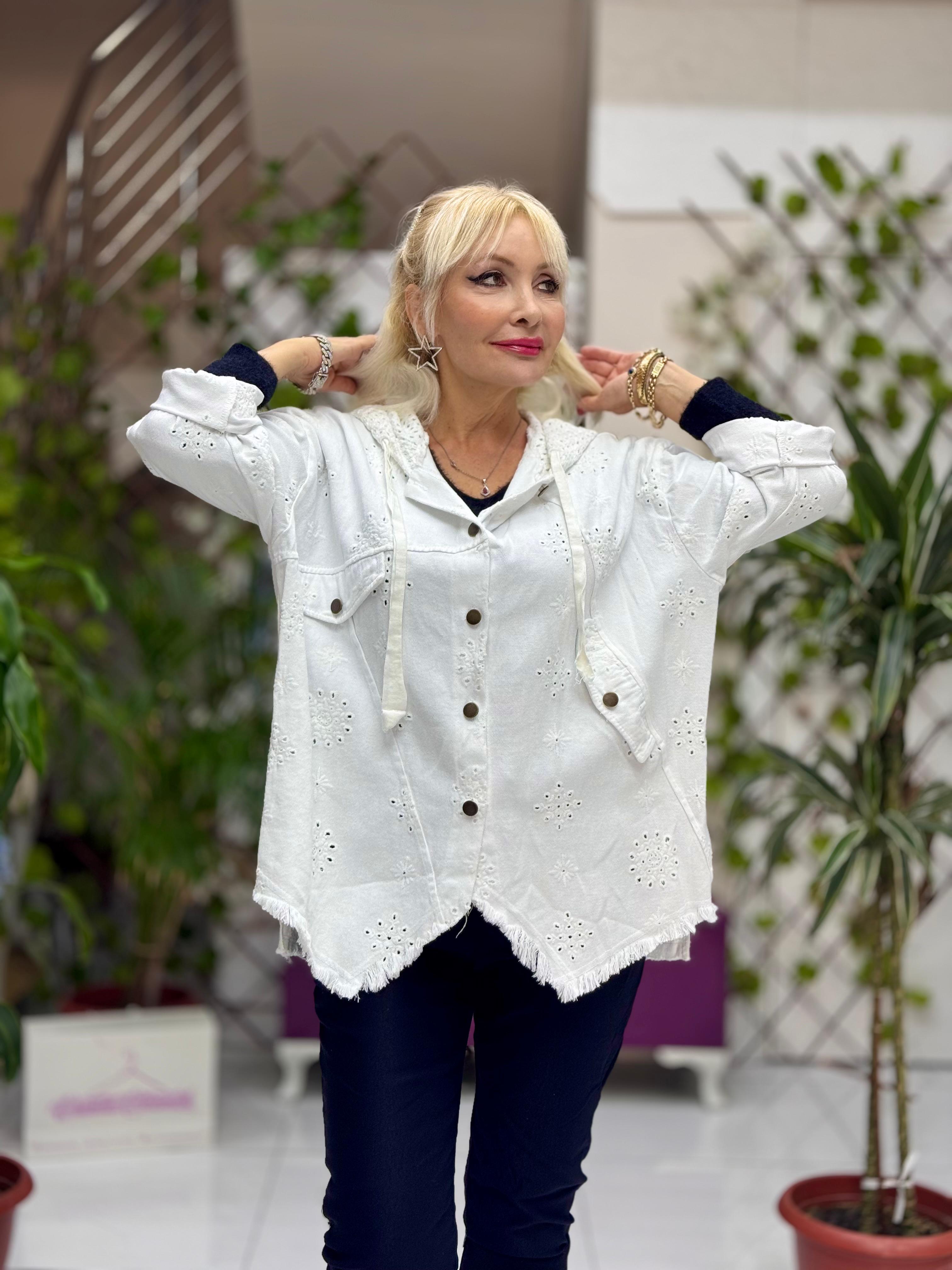 YG25068 Kapişonlu Güpürlü Düğmeli İtalyan Kot Ceket Beyaz