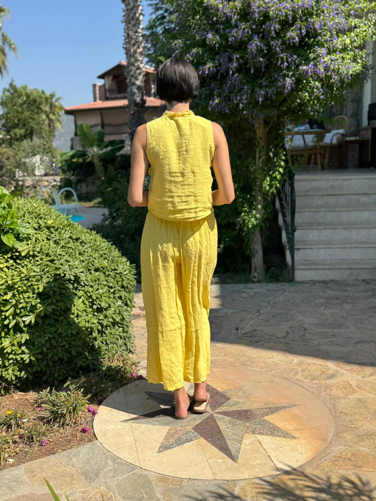 NC14092 Fırfırlı Kolsuz İtalyan Keten Takım Sarı