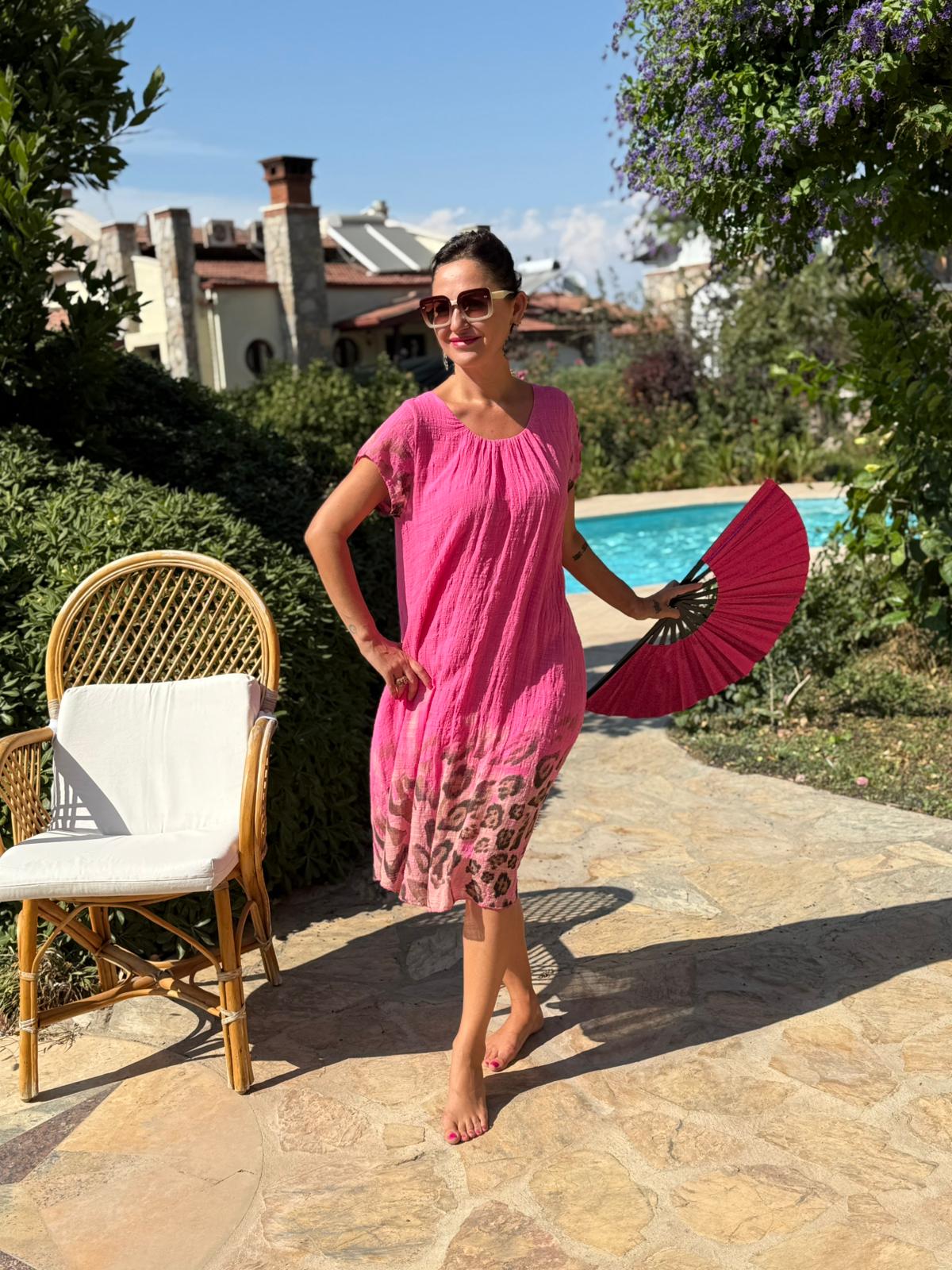 NC50848 İtalyan Pamuk Keten Astarlı Elbise Pembe