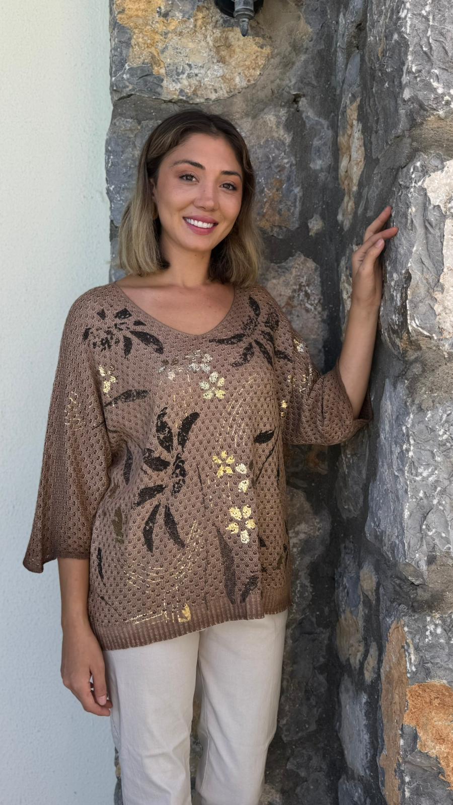 LS7514 İtalyan Yaprak Desen Triko Bluz Camel