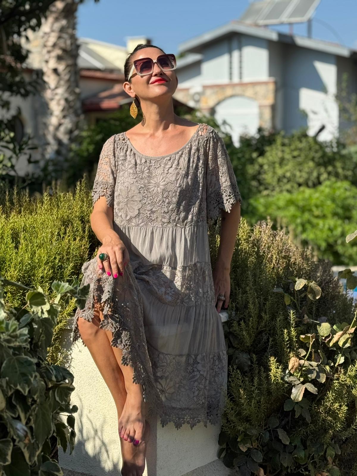 NCC10337 İtalyan İpek Elbise Vizon