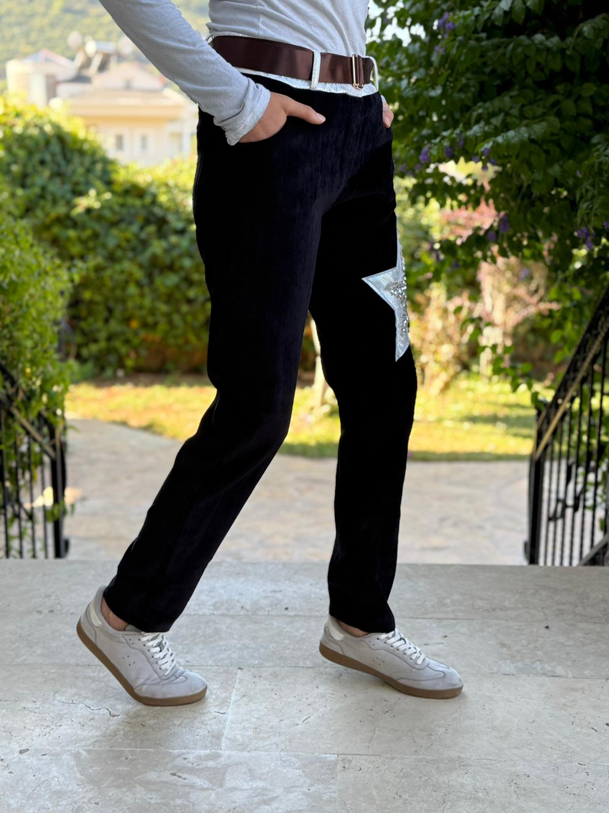 LS12520 İtalyan Yıldız Taşlı Kadife Pantolon Siyah