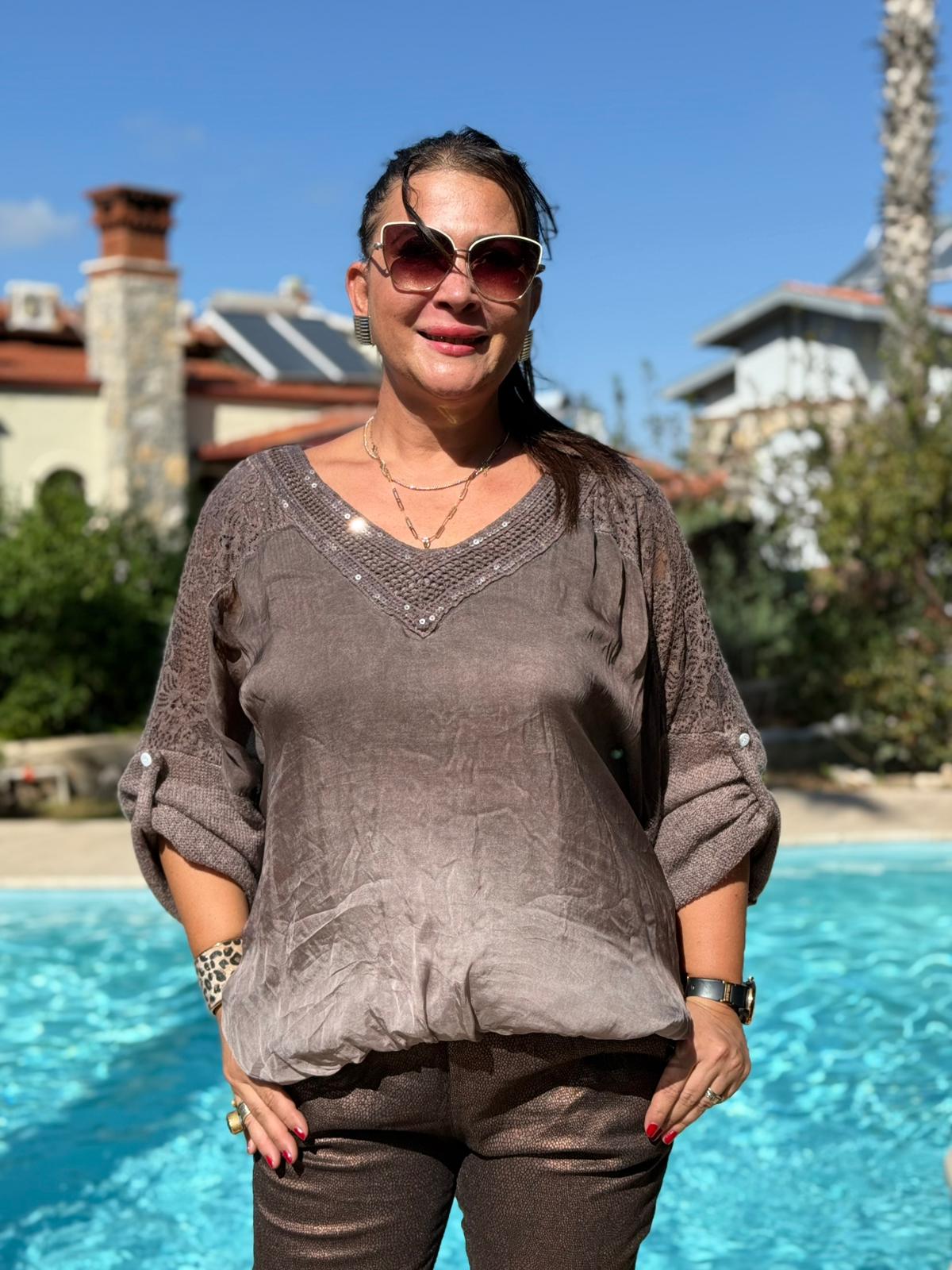 NC1889 Sırt ve Omuz Dantelli İpek Triko İtalyan Bluz Kahverengi