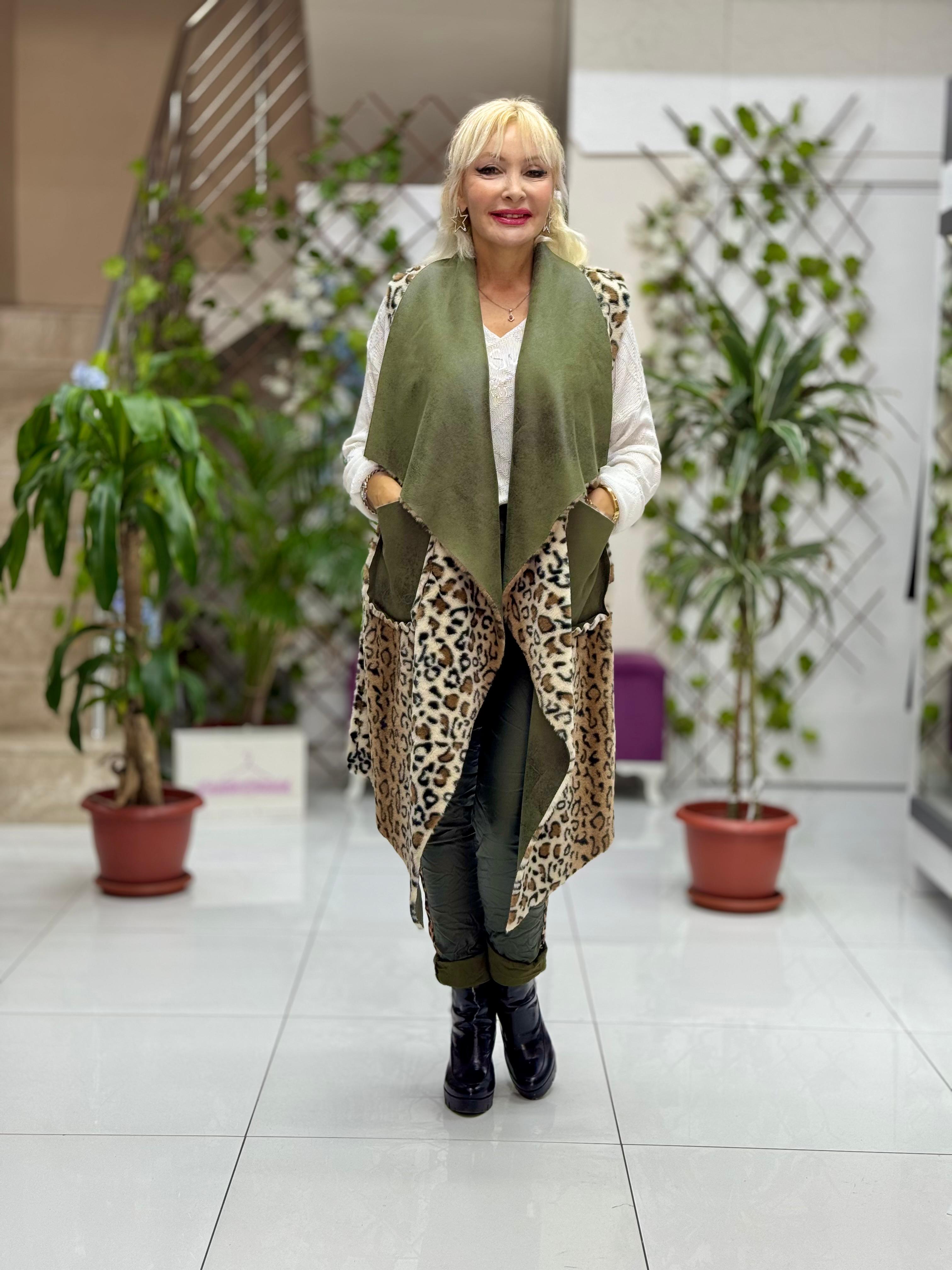 YG3340 Leopar Desenli Kürklü İtalyan Nubuk Yelek Yeşil