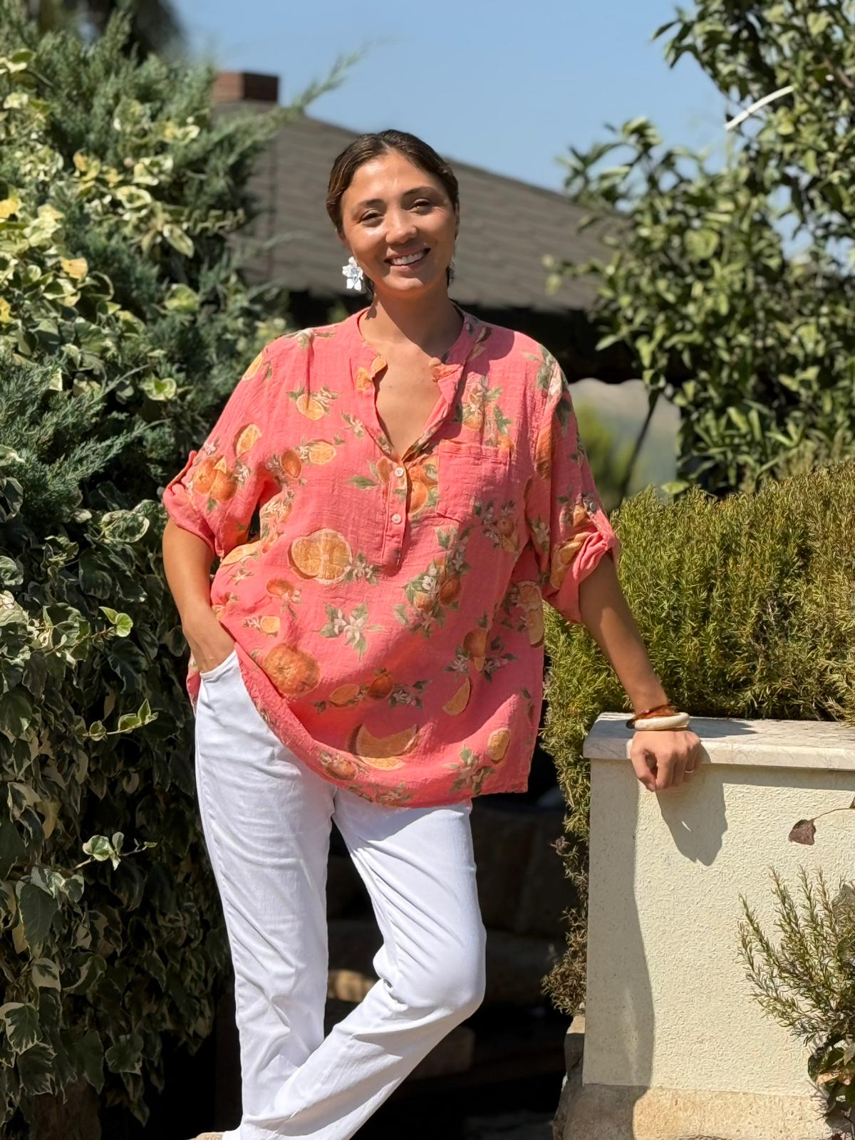 NC154553 İtalyan Pamuk Keten Bluz Mercan