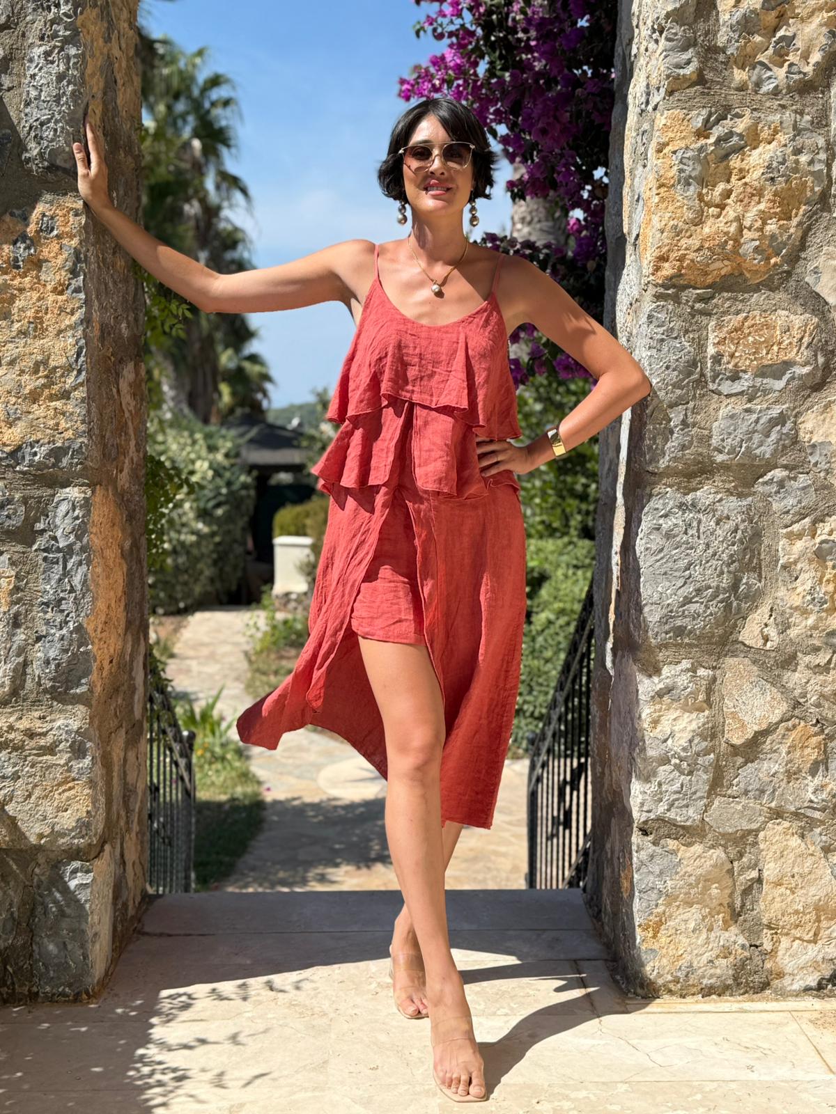 NC13179 İtalyan Keten Şortlu Takım Kiremit