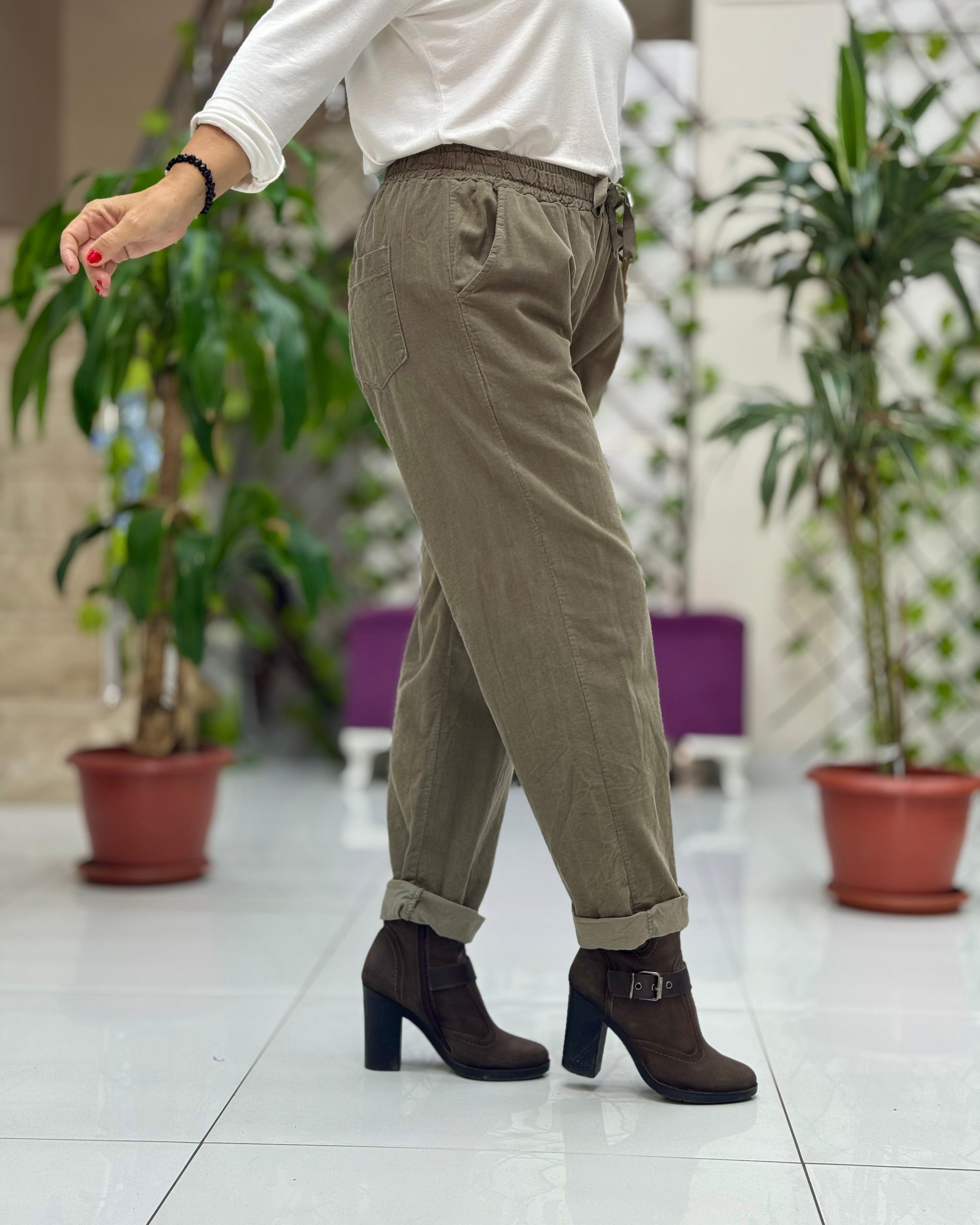 YG3005 Beli Bağcıklı İtalyan Kadife Pantolon Haki