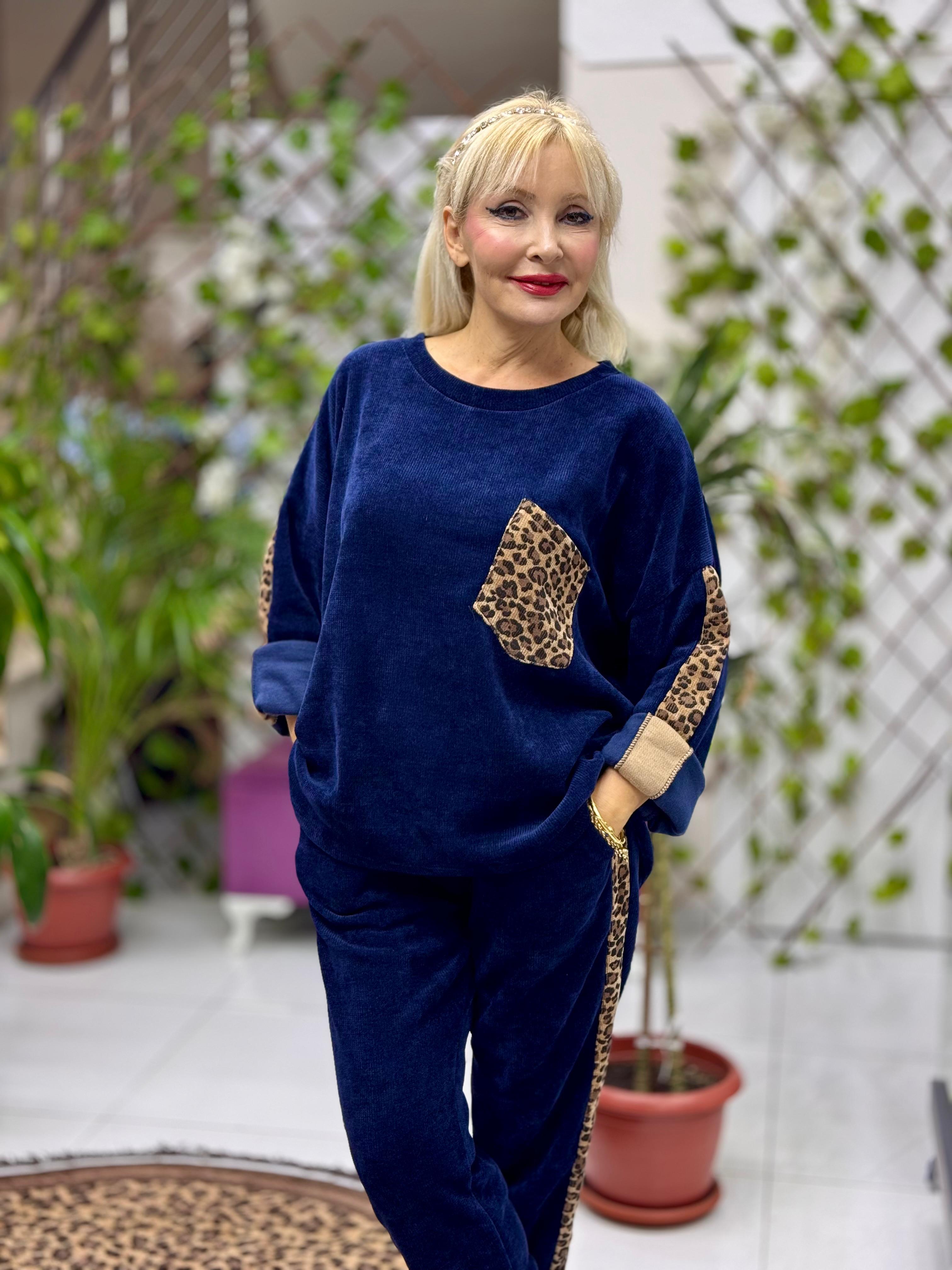 NC25183 Leopar Desenli Cep Detaylı İtalyan Kadife Takım Lacivert