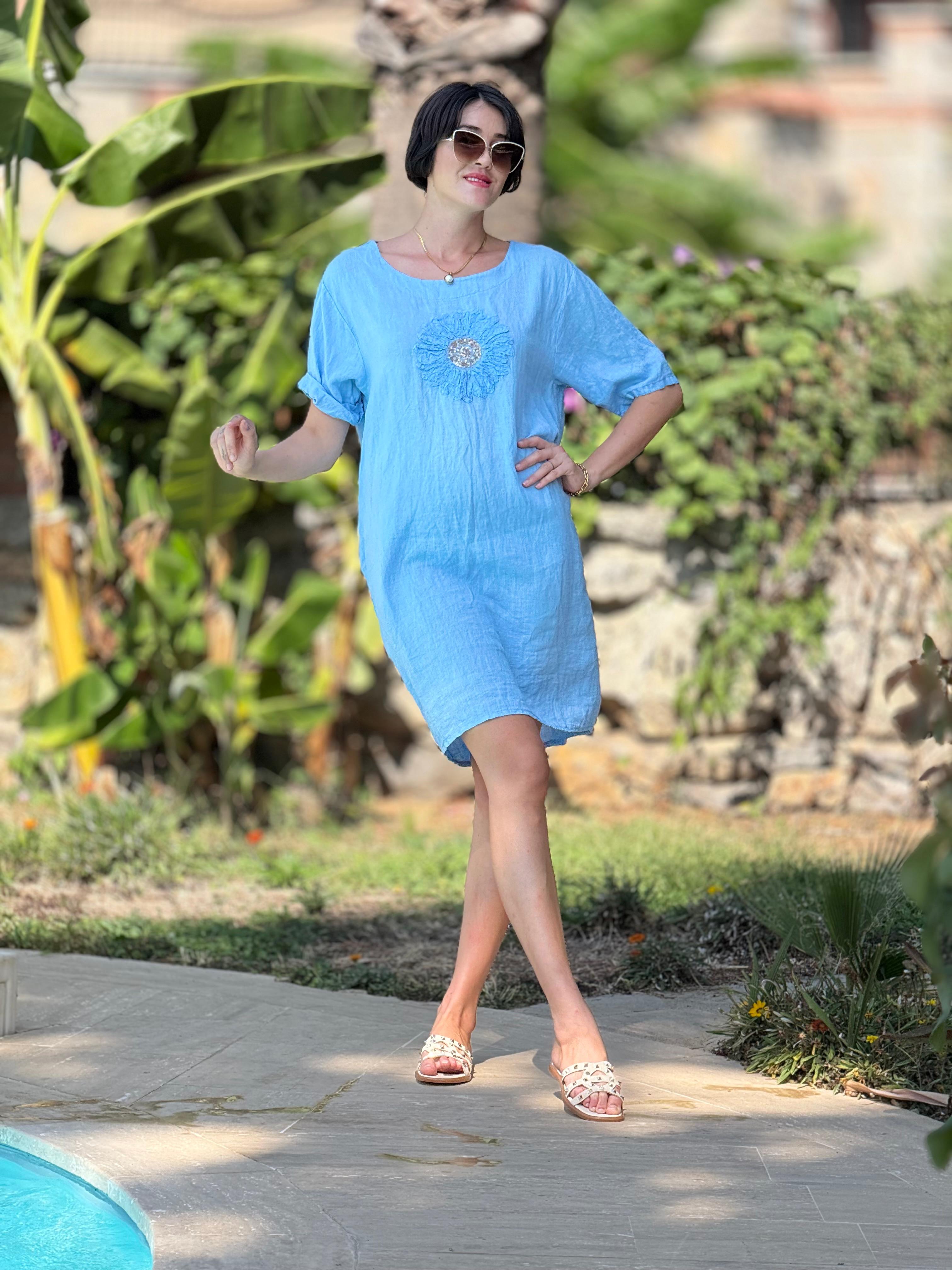 NC9015 İtalyan Çiçekli Yarım Kol Keten Elbise Bebe Mavi