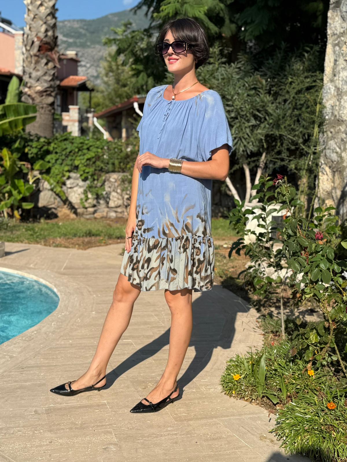 NC10526 İtalyan Yaka Lastikli Leoparlı Coton Elbise Mavi