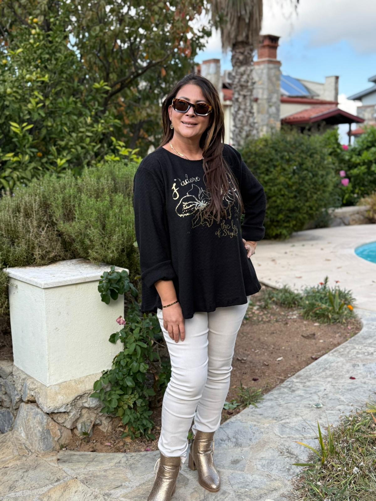 YG31256 İtalyan Kendinden Desenli Çiçek Baskılı Triko Bluz Siyah