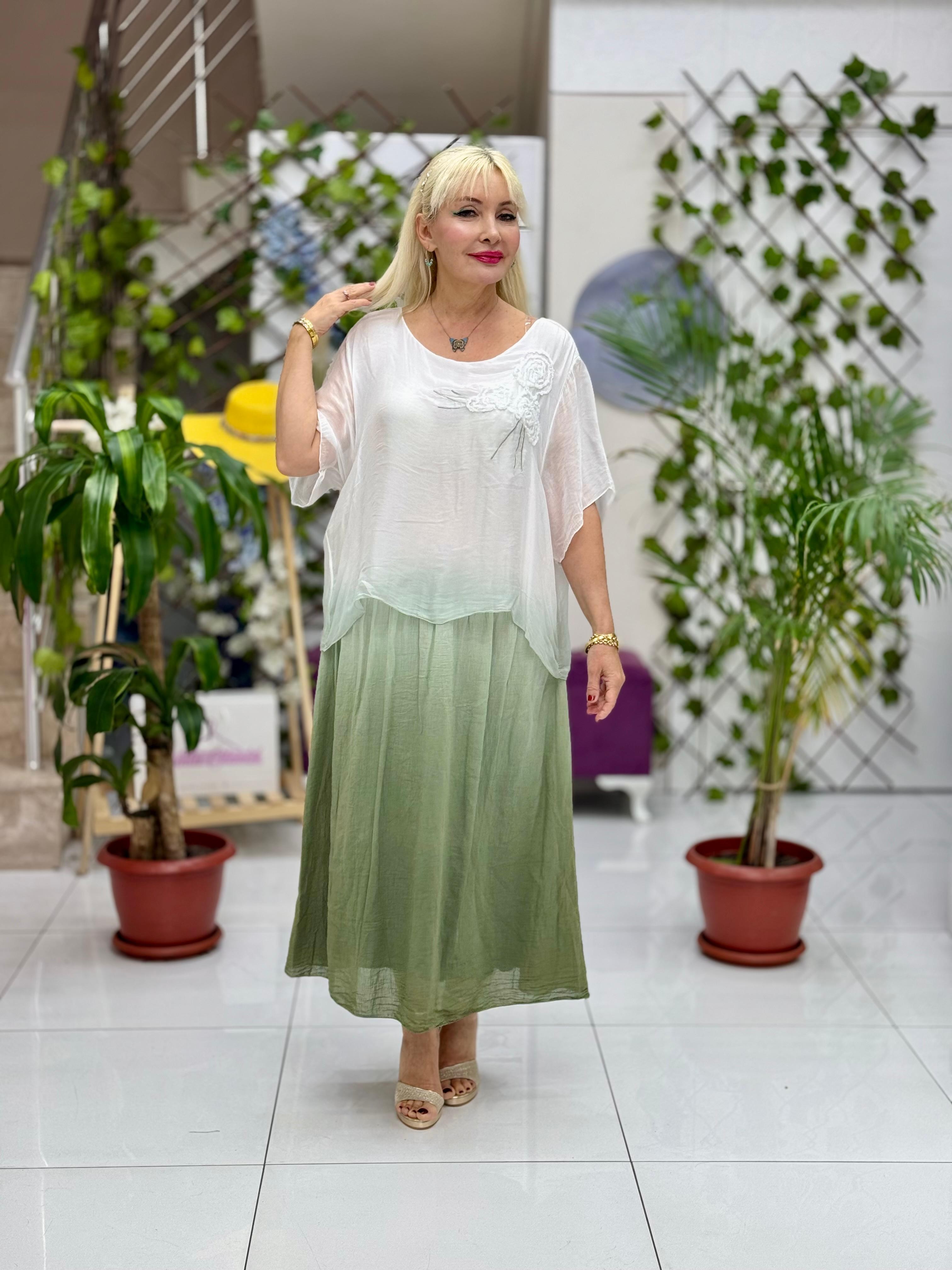 YG5041 Çiçek Desen İpek Coton Elbise Haki