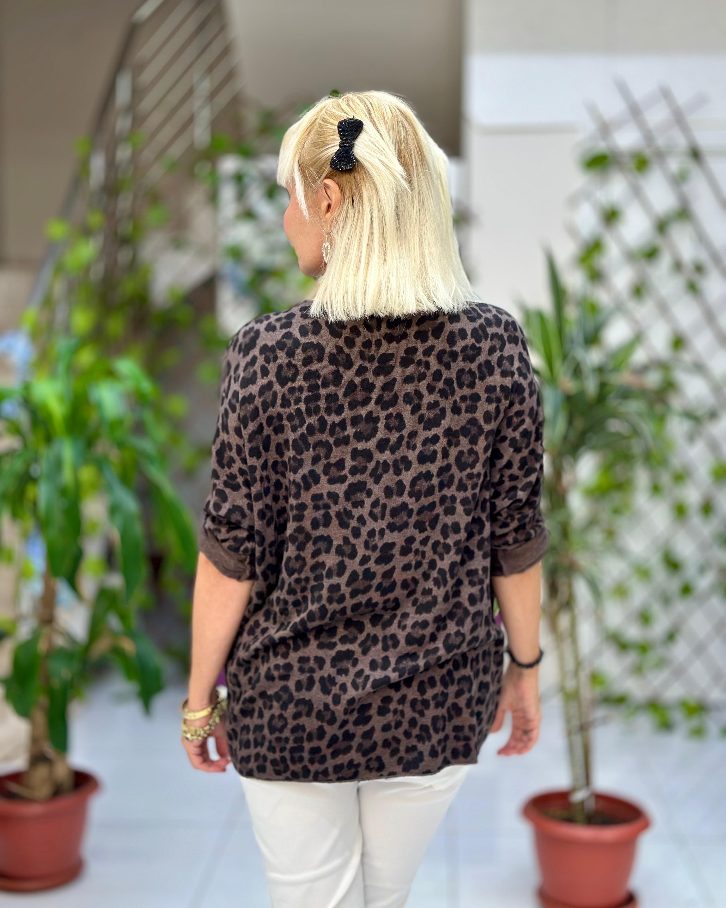 NC11128 italyan Leopar desen Bluz Kahverengi