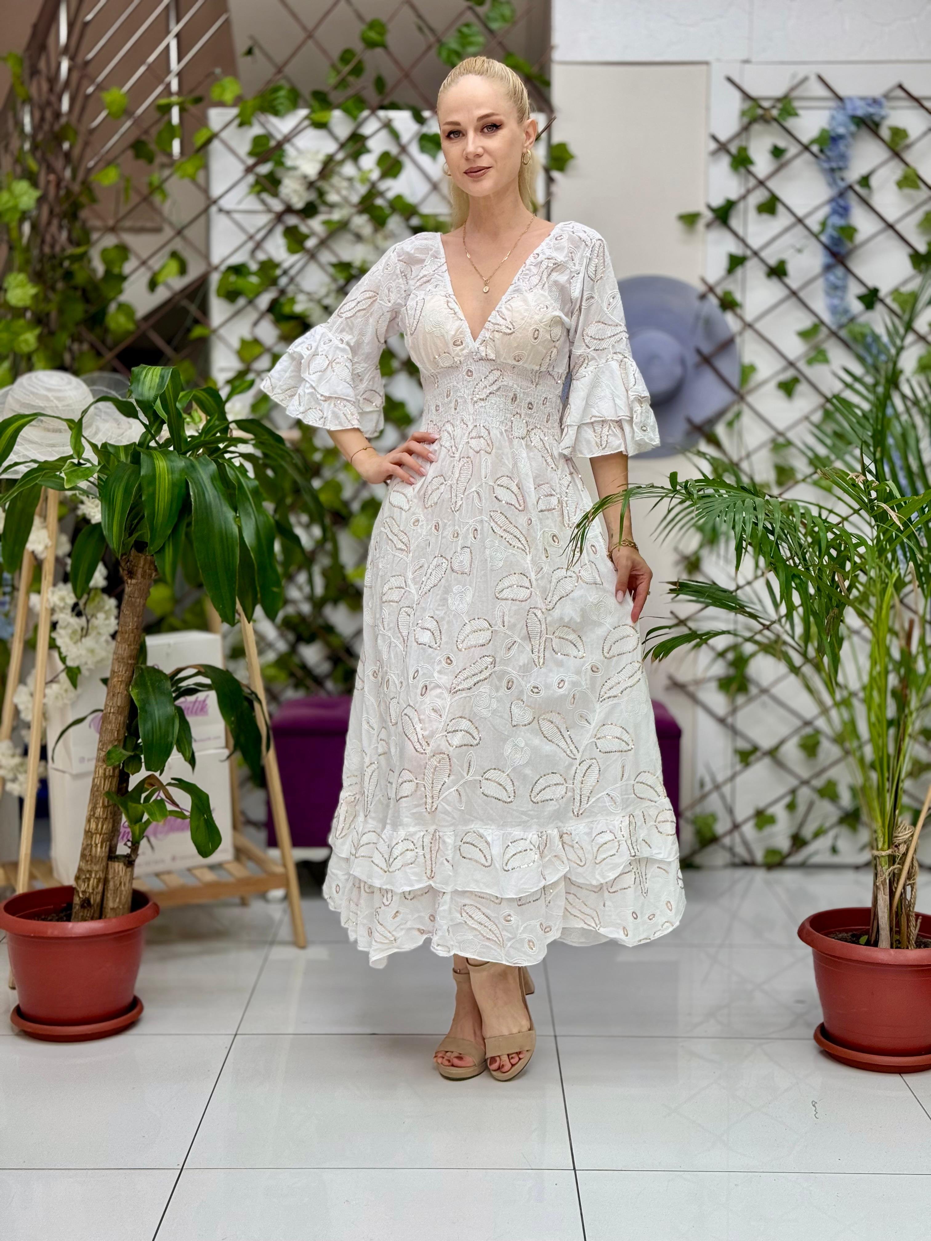 N12071 Vestido Italiano De Algodón Con Cordones Blanco
