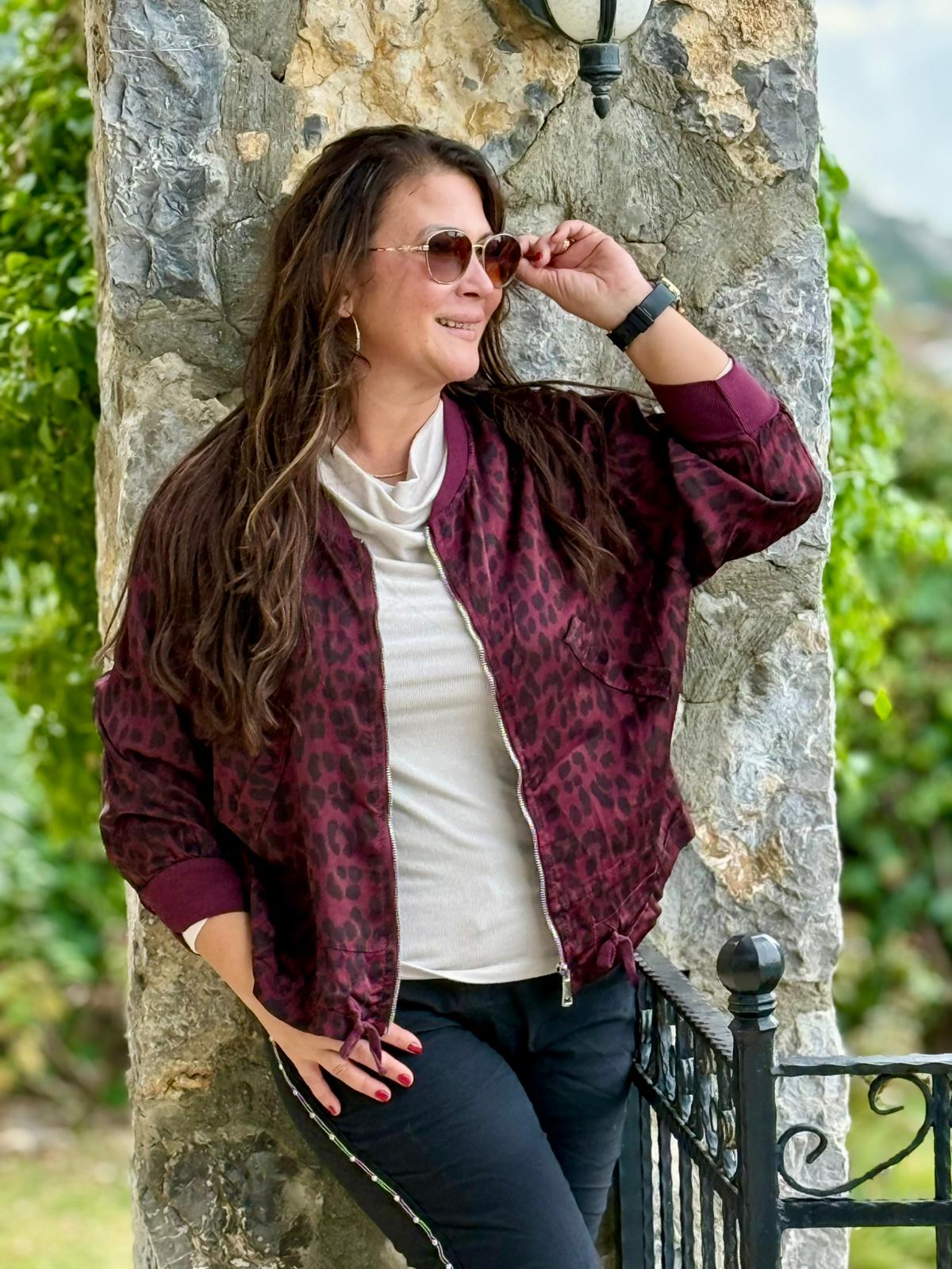 YG837903 İtalyan Leoparlı Saten İpek Ceket Bordo