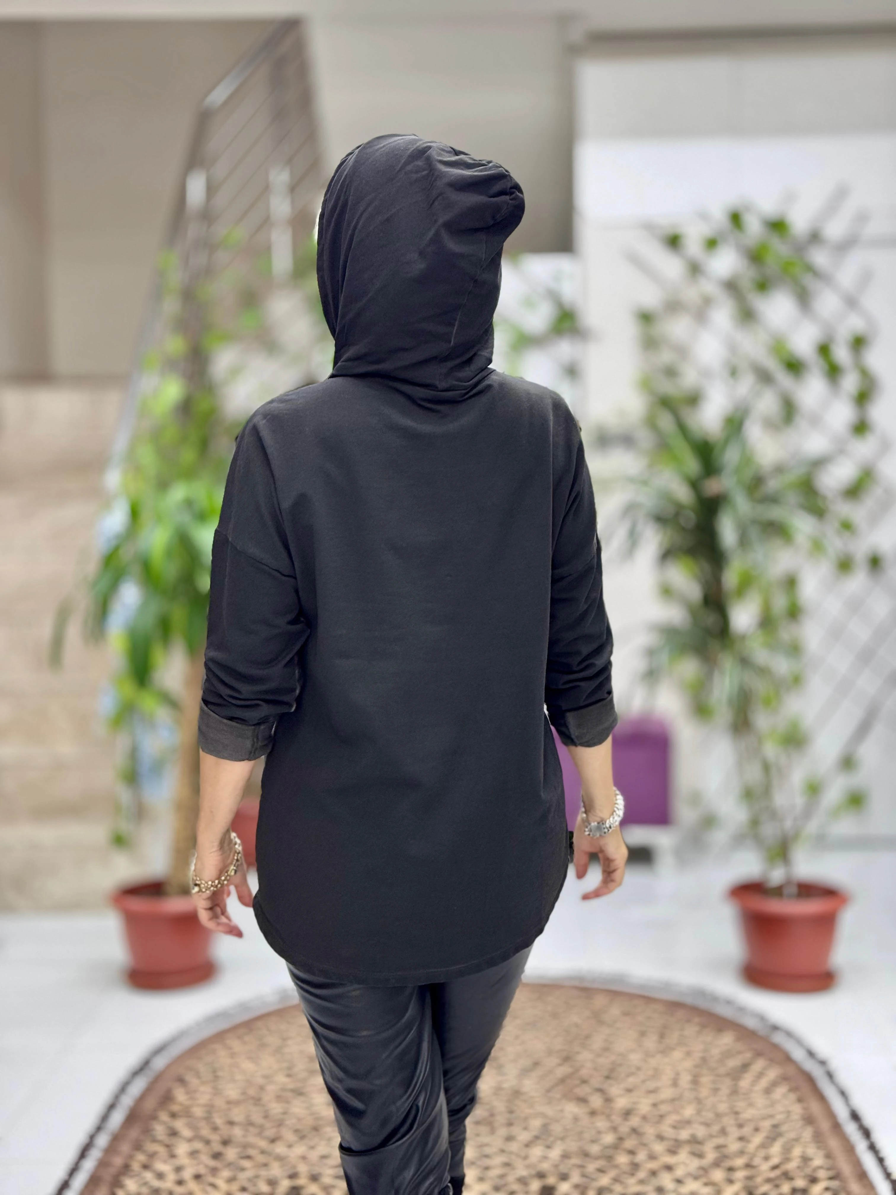 NC56868 İtalyan Enjoy Yazılı Kapüşonlu Coton Sweatshirt Siyah